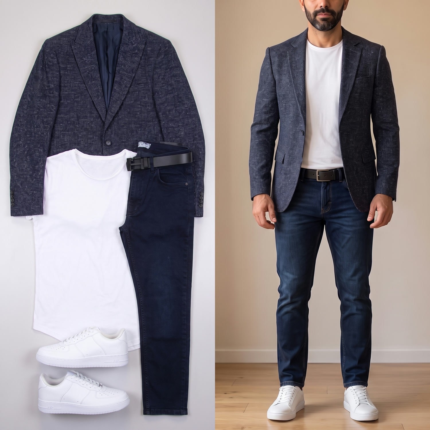 Lacivert Kırçıllı Blazer Ceket Tişört Pantolon Ayakkabı Kombin