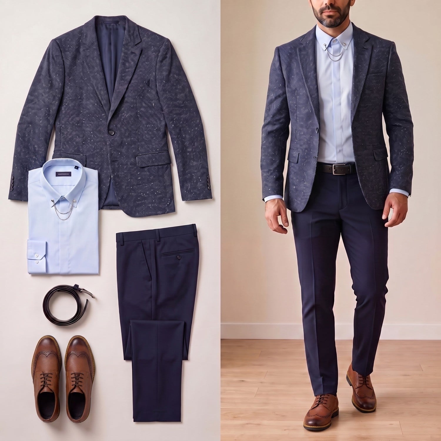 Lacivert Kırçıllı Blazer Ceket Kombini Erkek | Slim Fit Şık Komple Set 