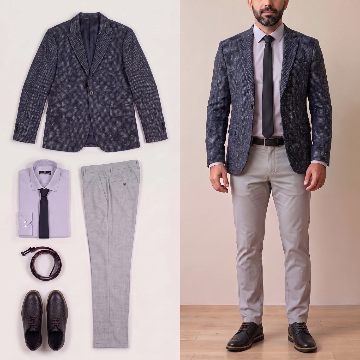 Lacivert Kırçıllı Blazer Ceket Kombini Erkek | Slim Fit Şık Komple Set 