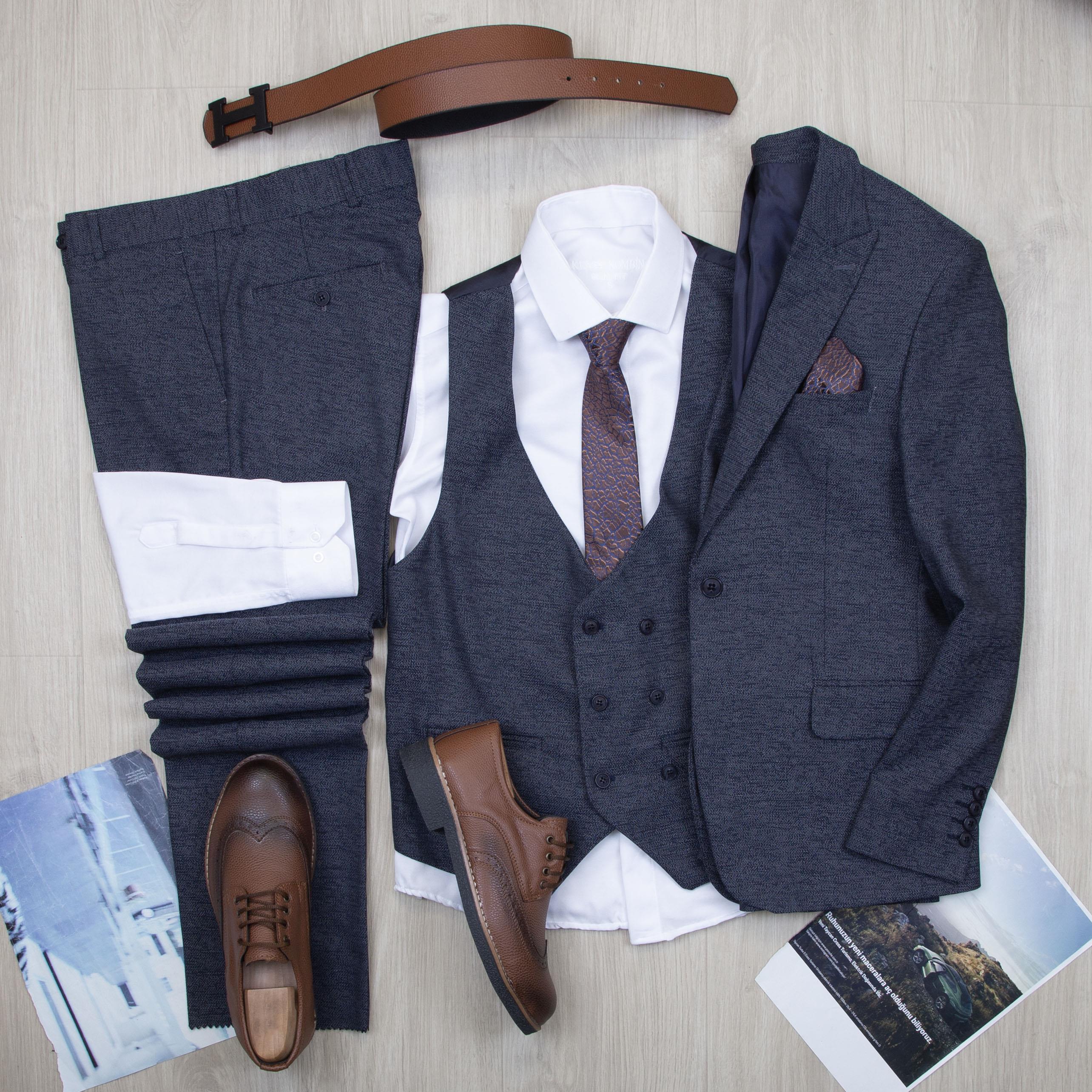 Lacivert Kırçıllı Takım Elbise Kombini