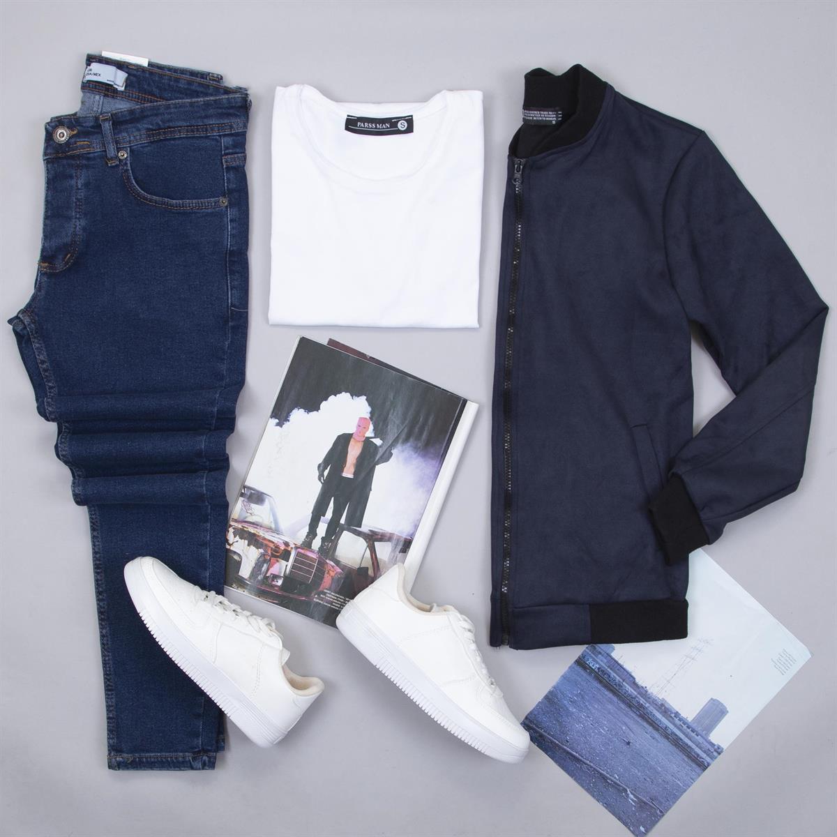 Lacivert Nubuk Ceket Tişört Pantolon Ayakkabı Kombin