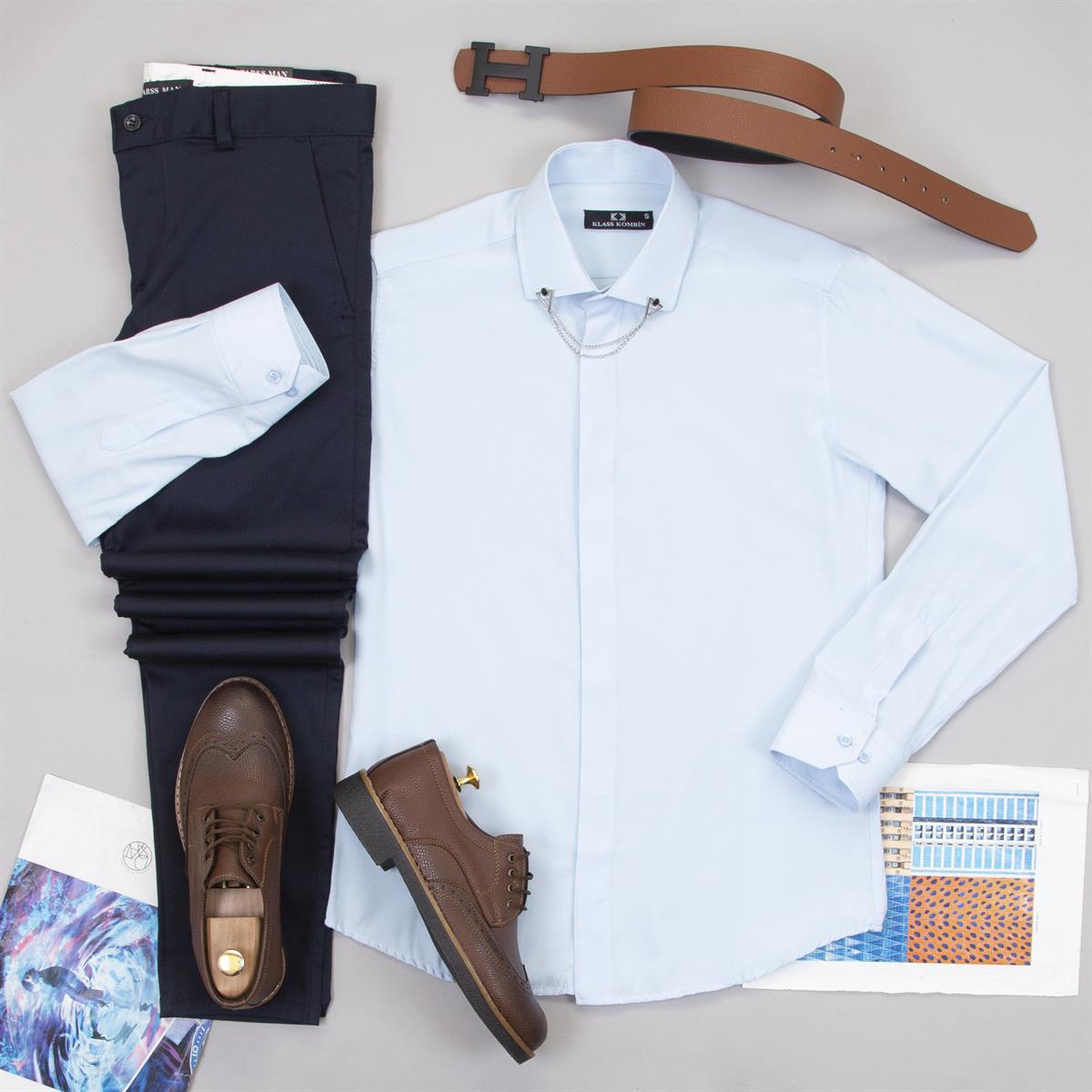 Lacivert Pantolon Mavi Gömlek Ayakkabı Kombin