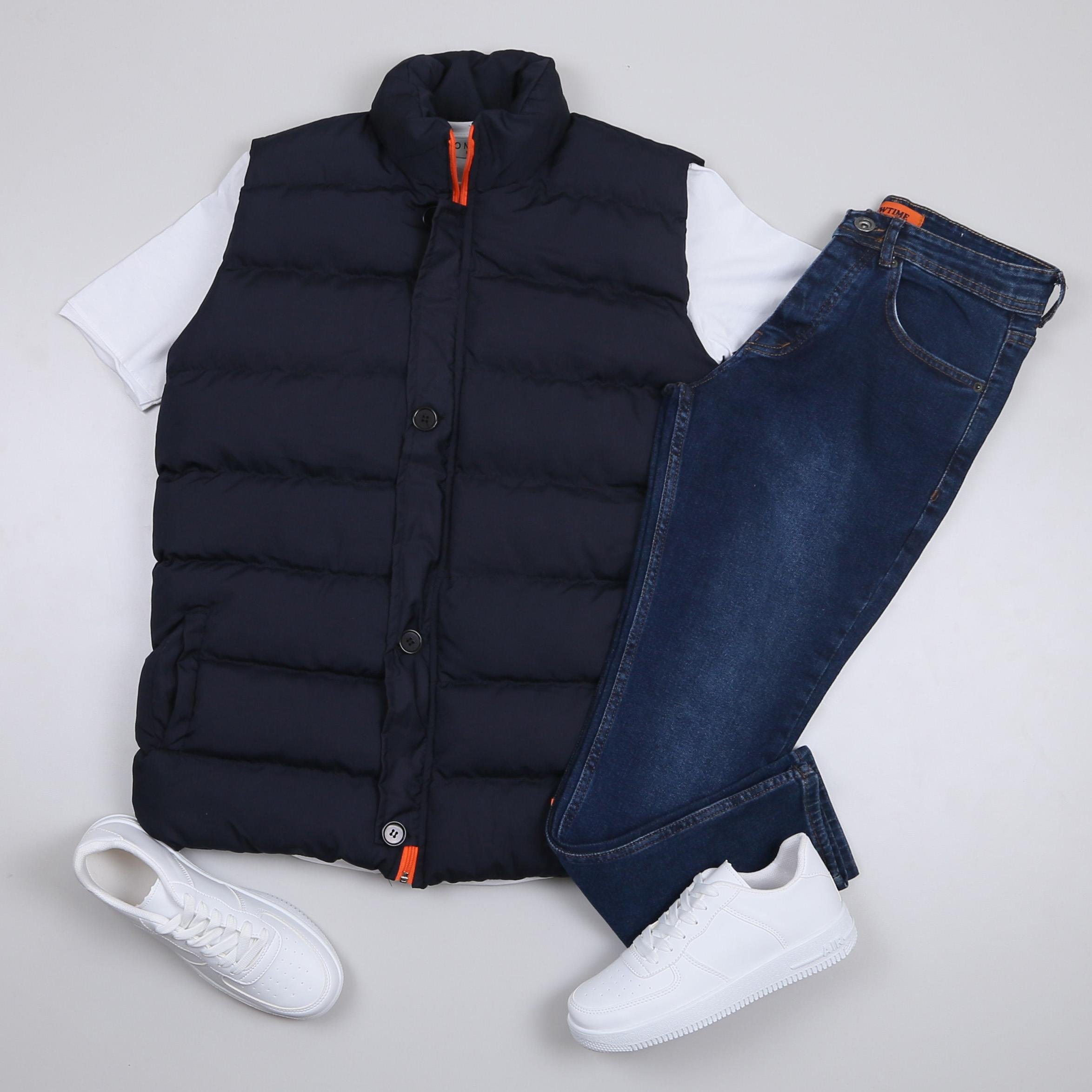 Lacivert Şişme Yelek Basic Pantolon Ayakkabı Kombin