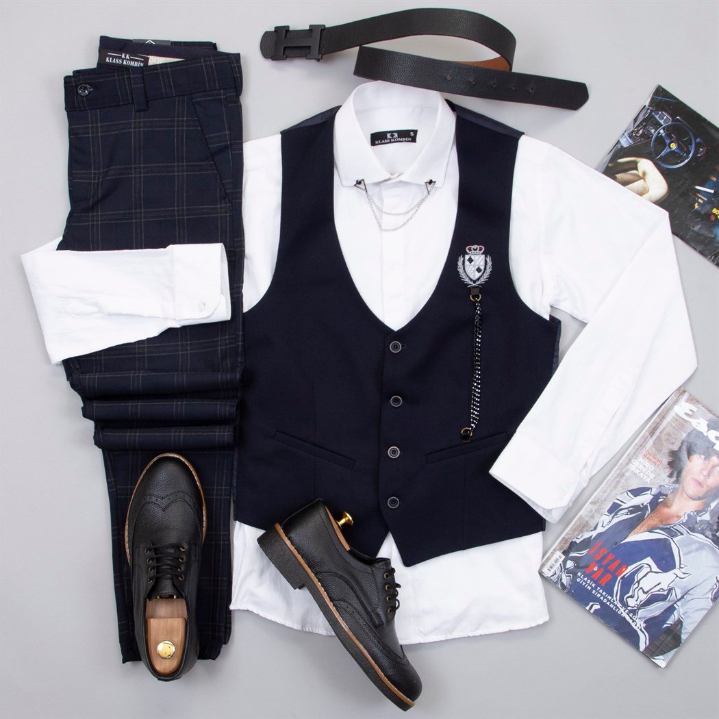 Lacivert Zincirli Yelek Gömlek Pantolon Ayakkabı Kombin