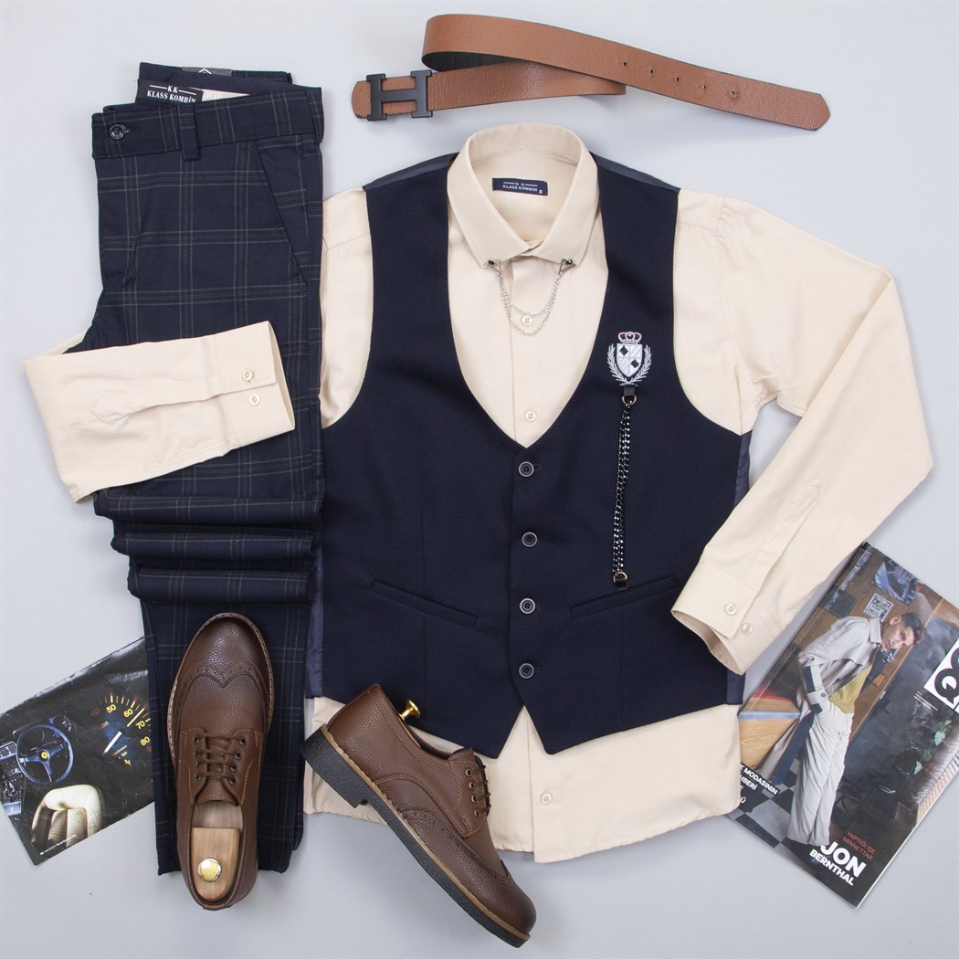 Lacivert Zincirli Yelek Gömlek Pantolon Ayakkabı Kombin