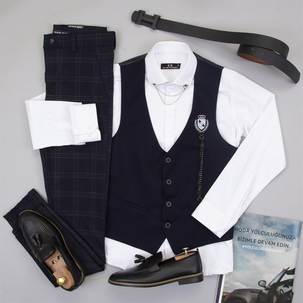 Lacivert Zincirli Yelek Gömlek Pantolon Ayakkabı Kombin