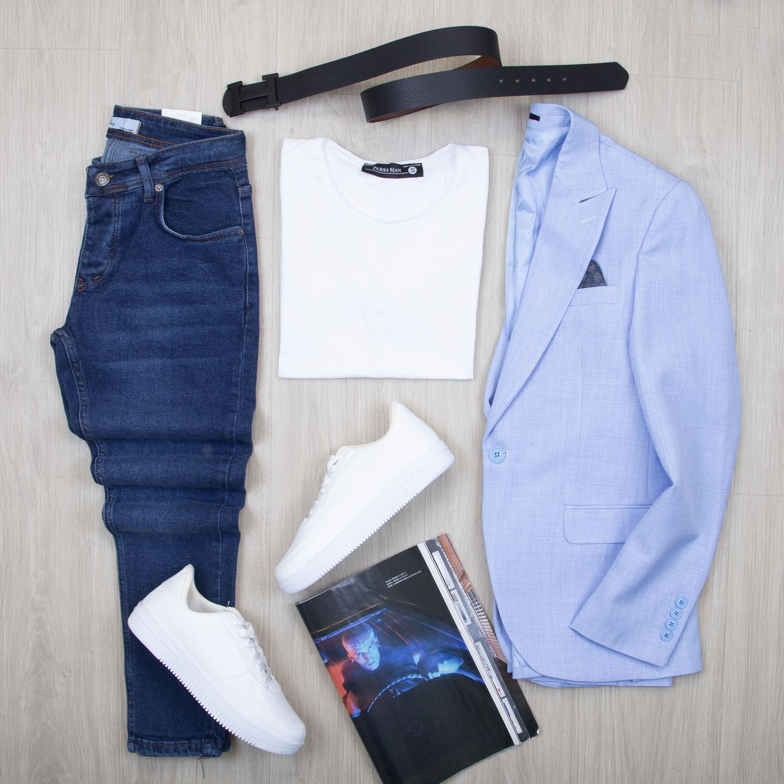 Mavi Blazer Ceket Tişört Pantolon Ayakkabı Kombin