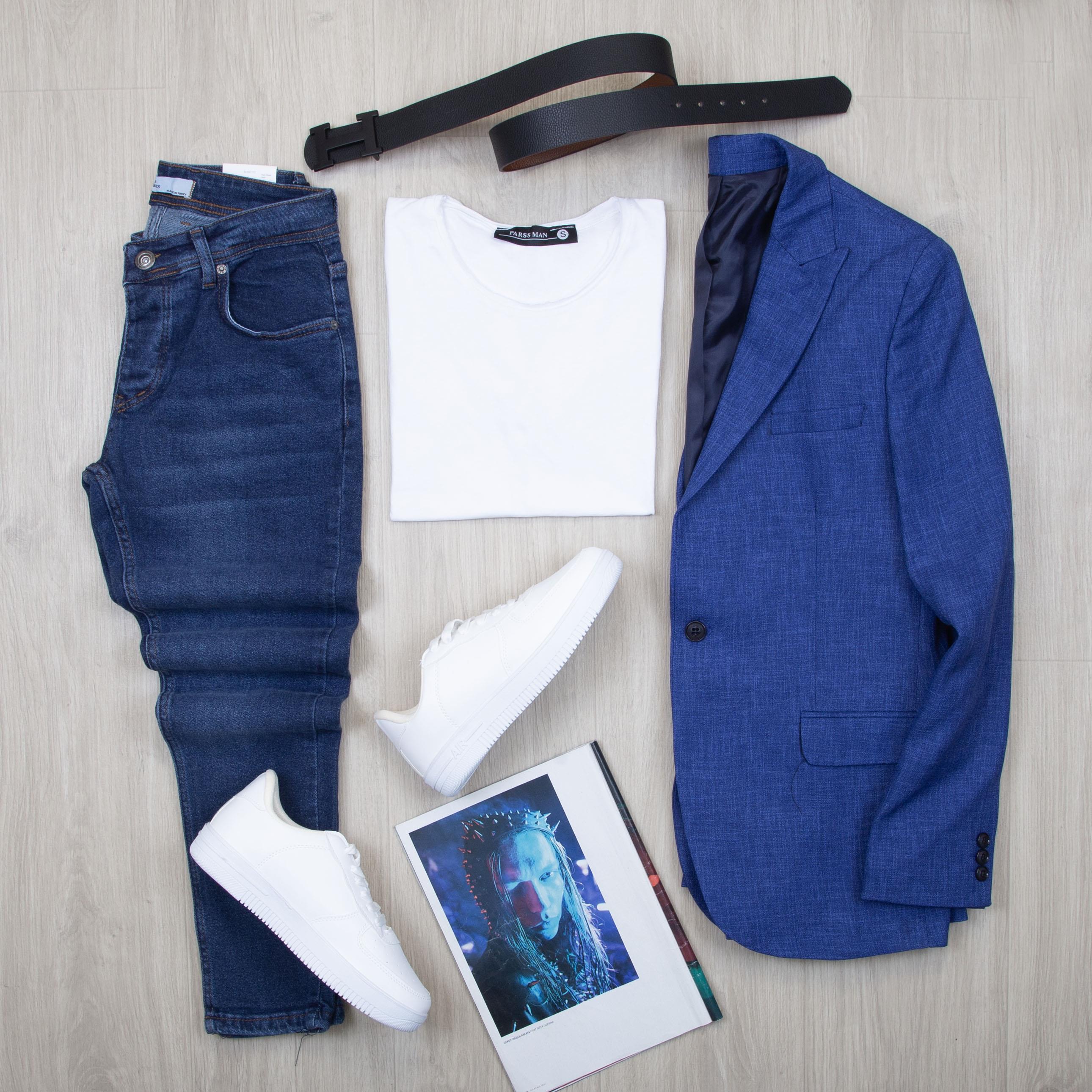 Mavi Blazer Ceket Tişört Pantolon Ayakkabı Kombin