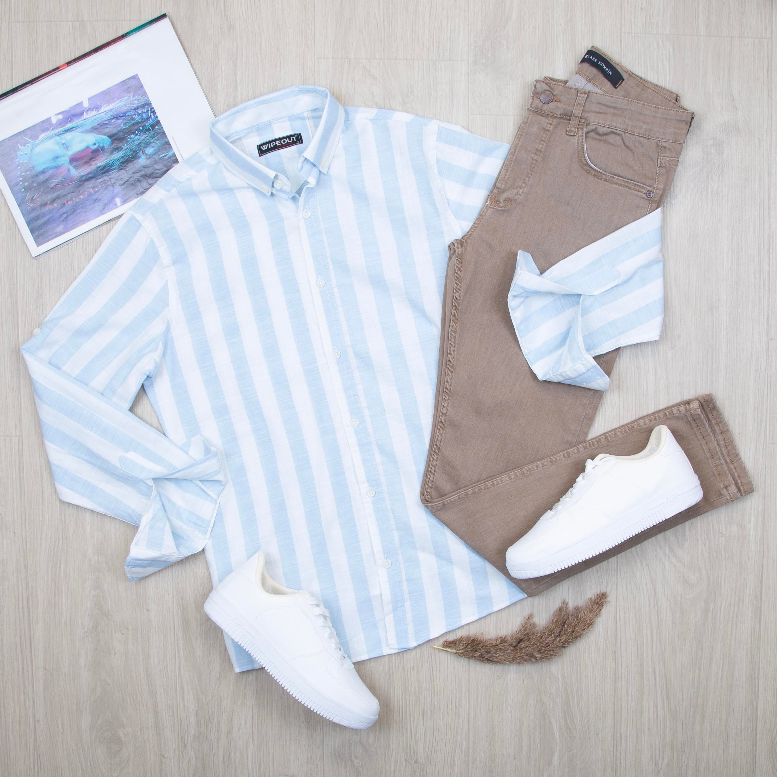 Mavi çizgili Gömlek Pantolon Ayakkabı Kombin