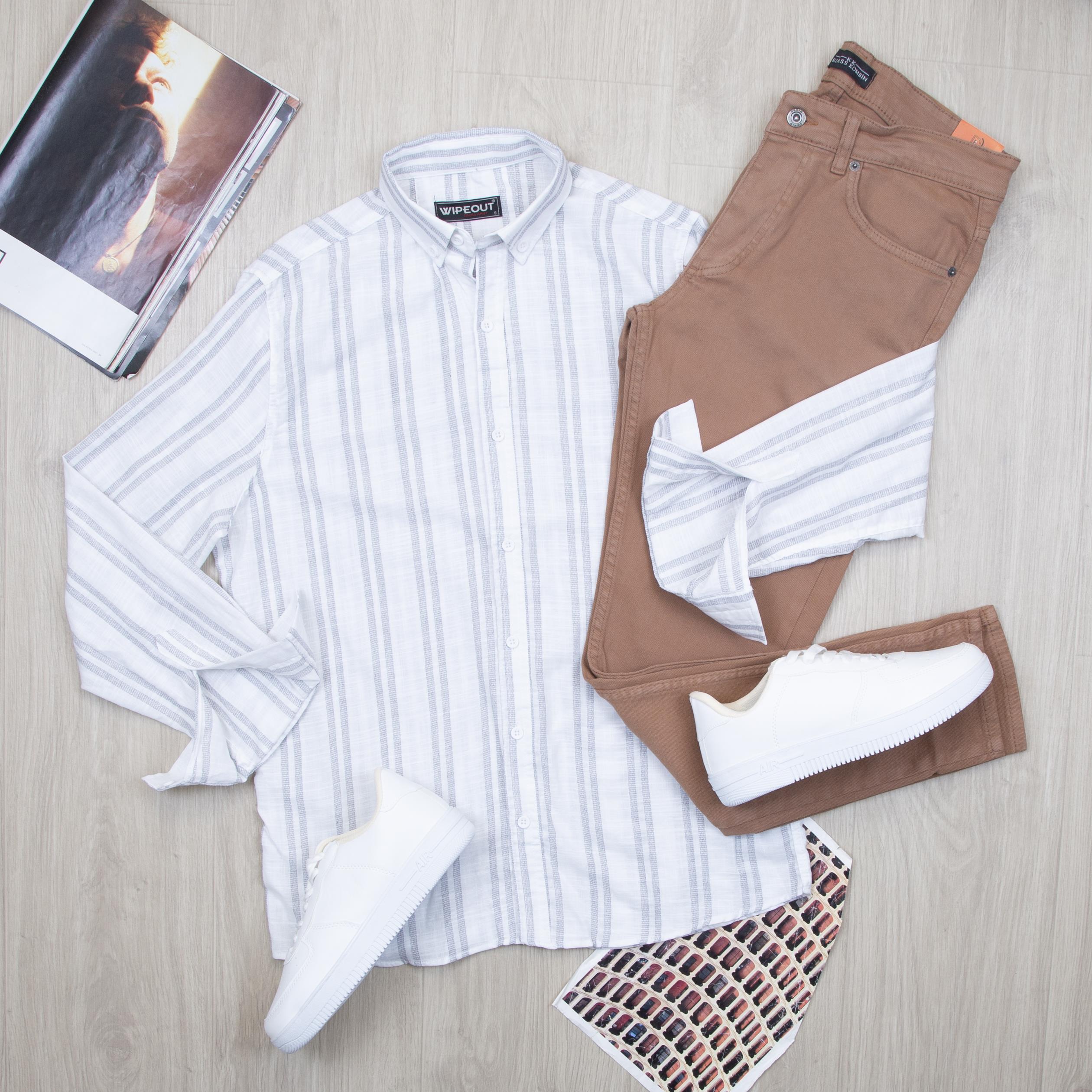 Mavi çizgili Gömlek Pantolon Ayakkabı Kombin