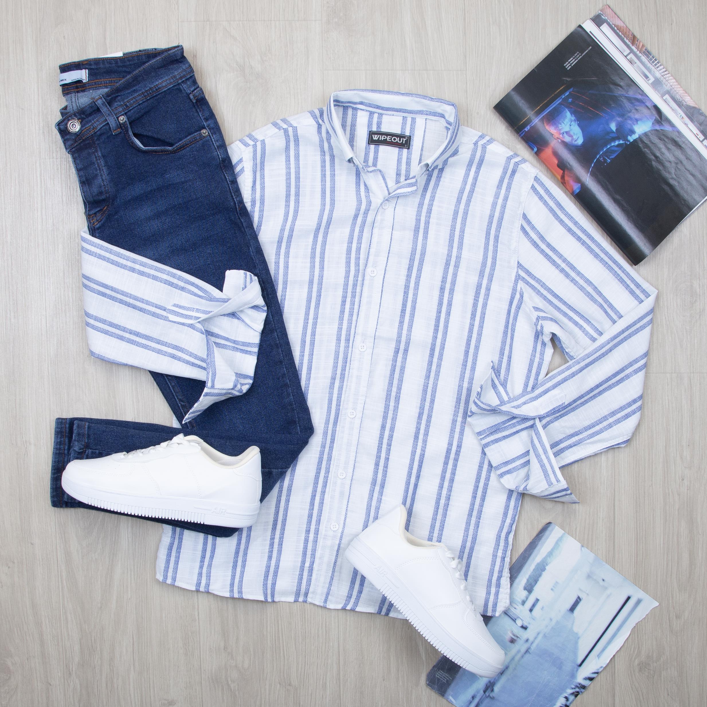 Mavi çizgili Gömlek Pantolon Ayakkabı Kombin