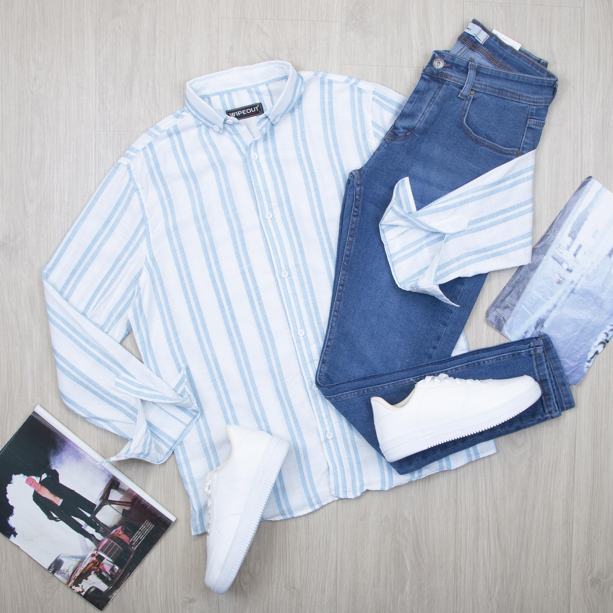 Mavi çizgili Gömlek Pantolon Ayakkabı Kombin