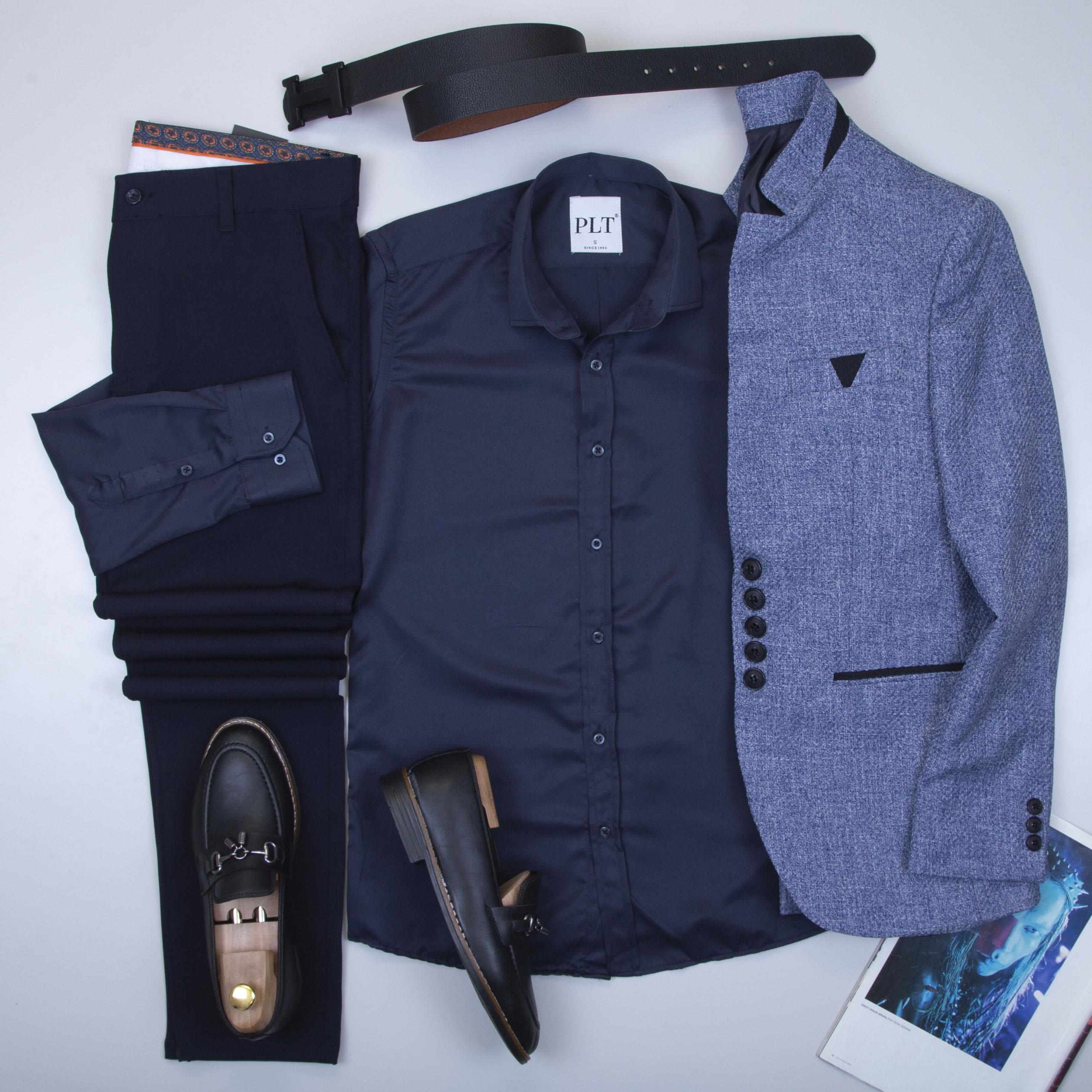 Mavi Dik Yaka Blazer Ceket Gömlek Pantolon Ayakkabı Kombin