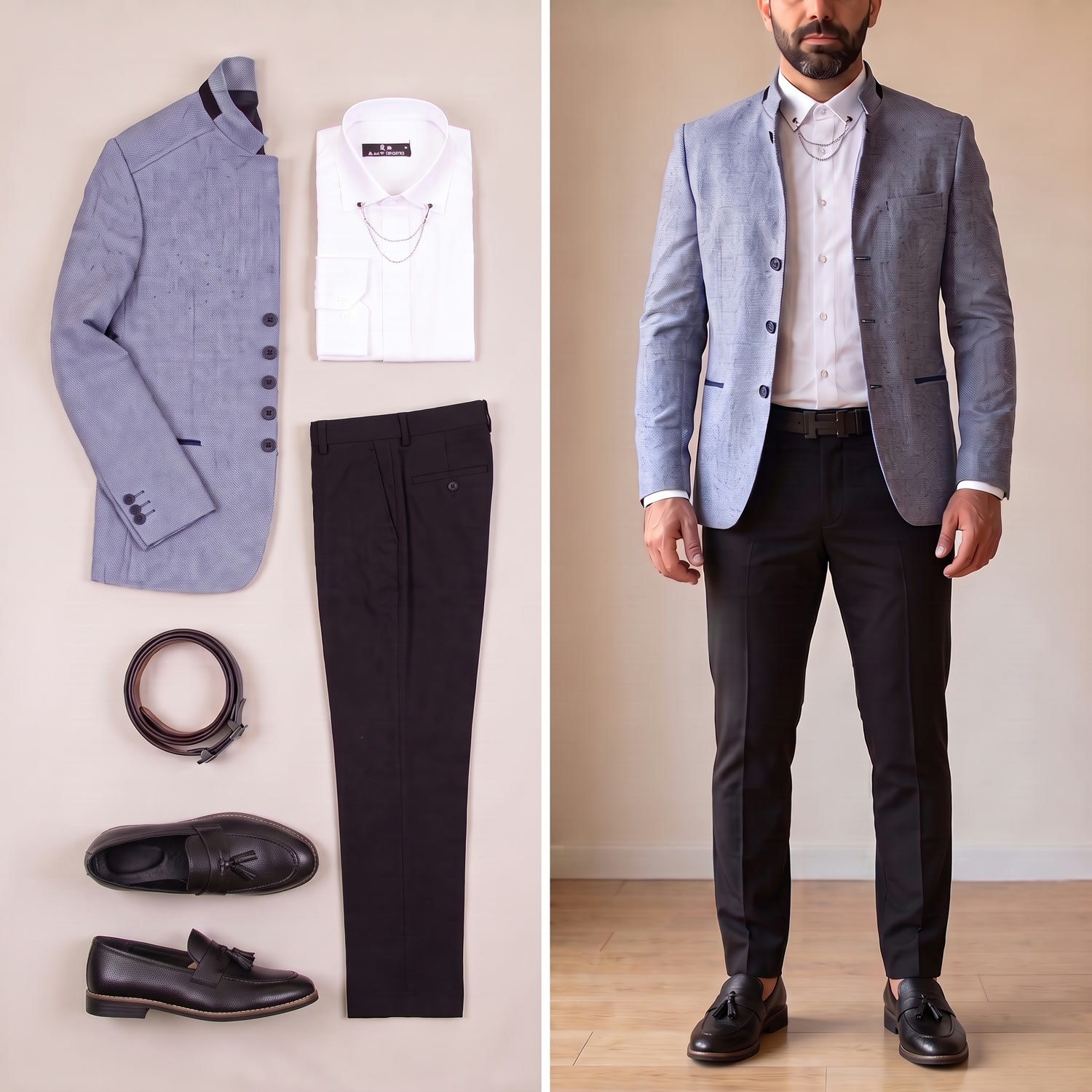 Mavi Dik Yaka Blazer Ceket Kombini Erkek | Slim Fit Şık Komple Set 