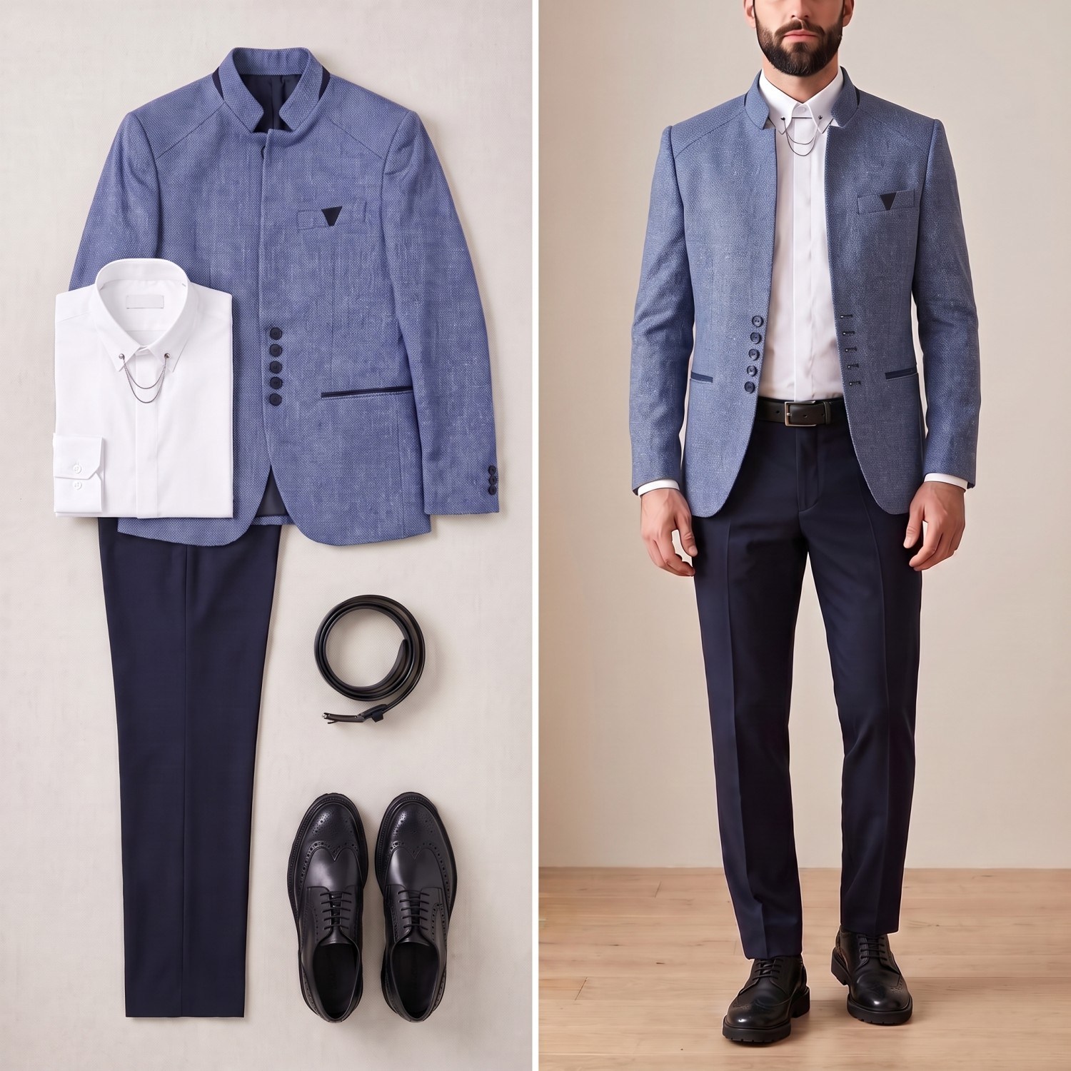 Mavi Dik Yaka Blazer Ceket Kombini Erkek | Slim Fit Şık Komple Set 
