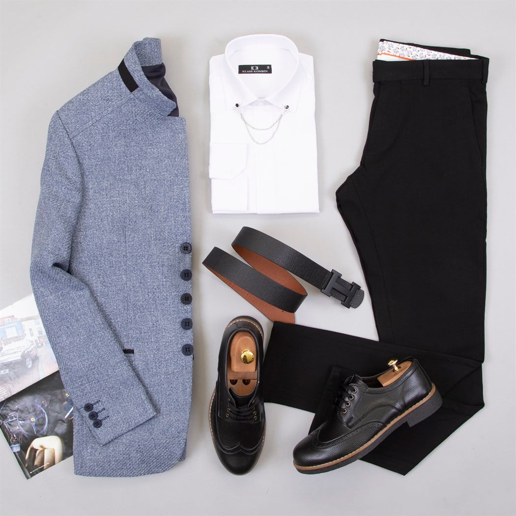 Mavi Dik Yaka Ceket Gömlek Pantolon Ayakkabı