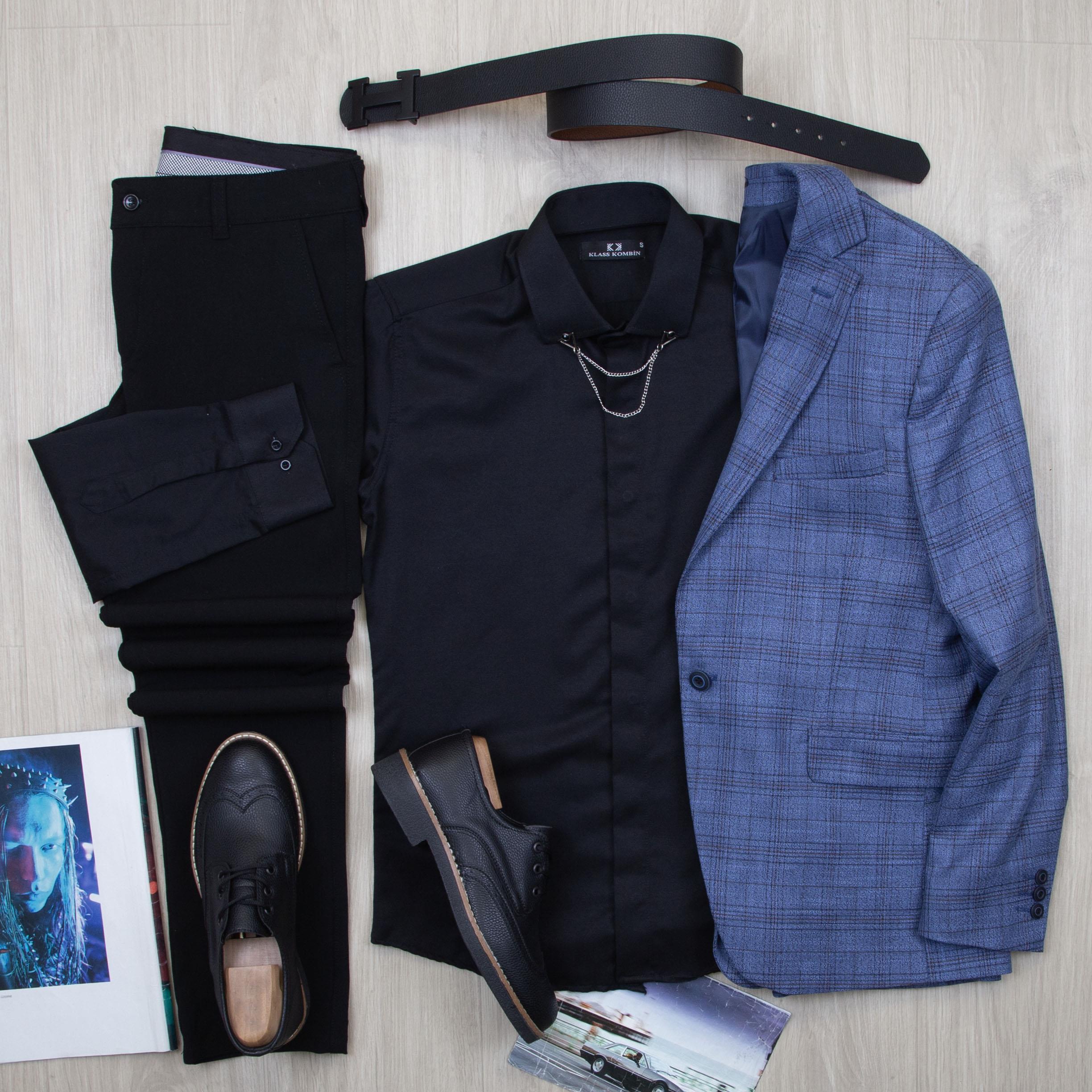 Mavi Ekose Blazer Ceket Gömlek Pantolon Ayakkabı Kombin