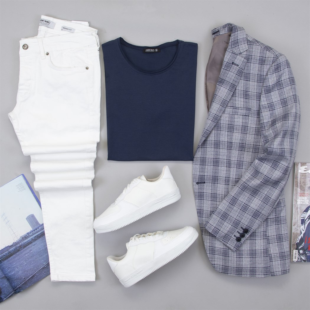 Mavi Ekose Blazer Ceket Tişört Pantolon Ayakkabı Kombin