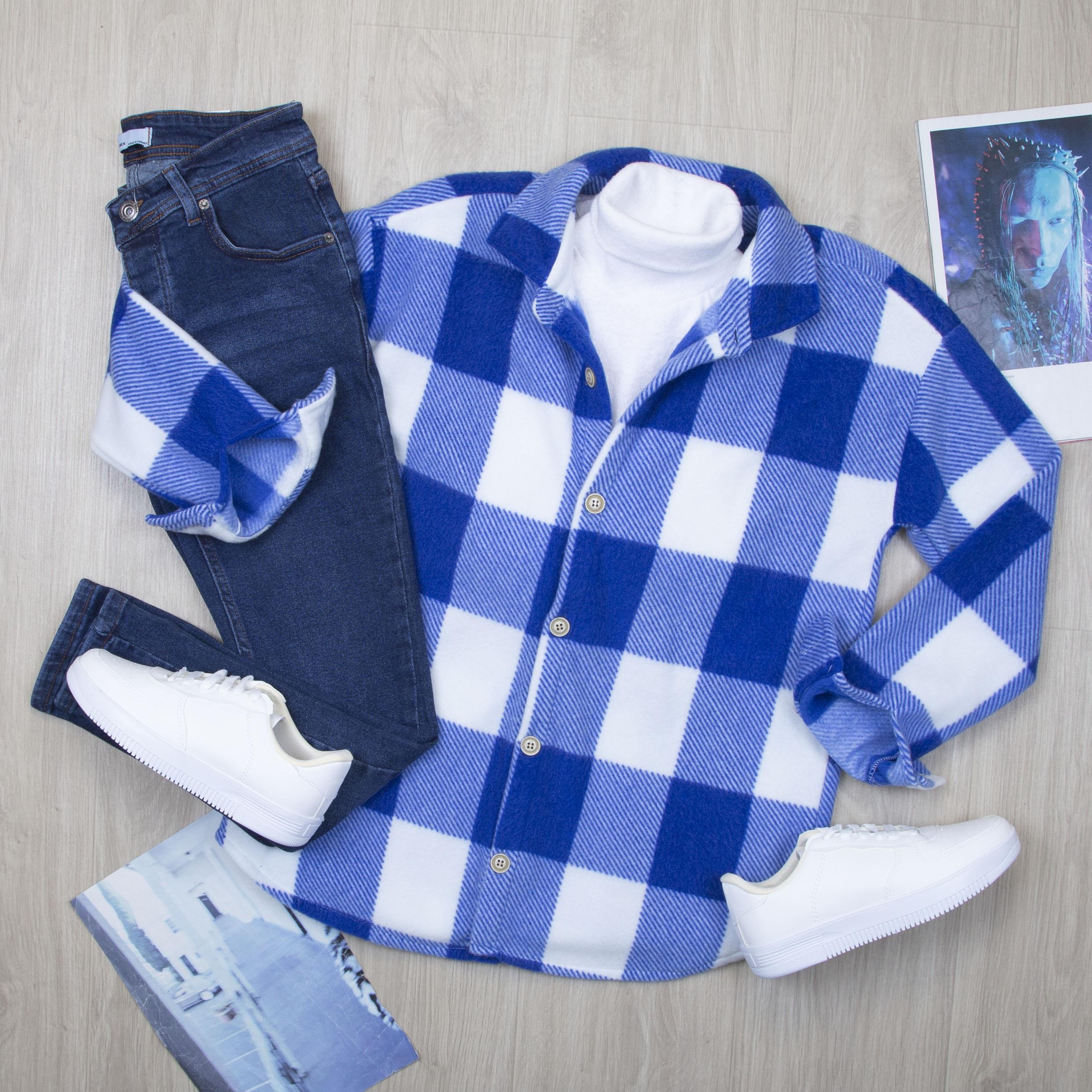 Mavi Ekose Polar Gömlek Body Pantolon Ayakkabı Kombin