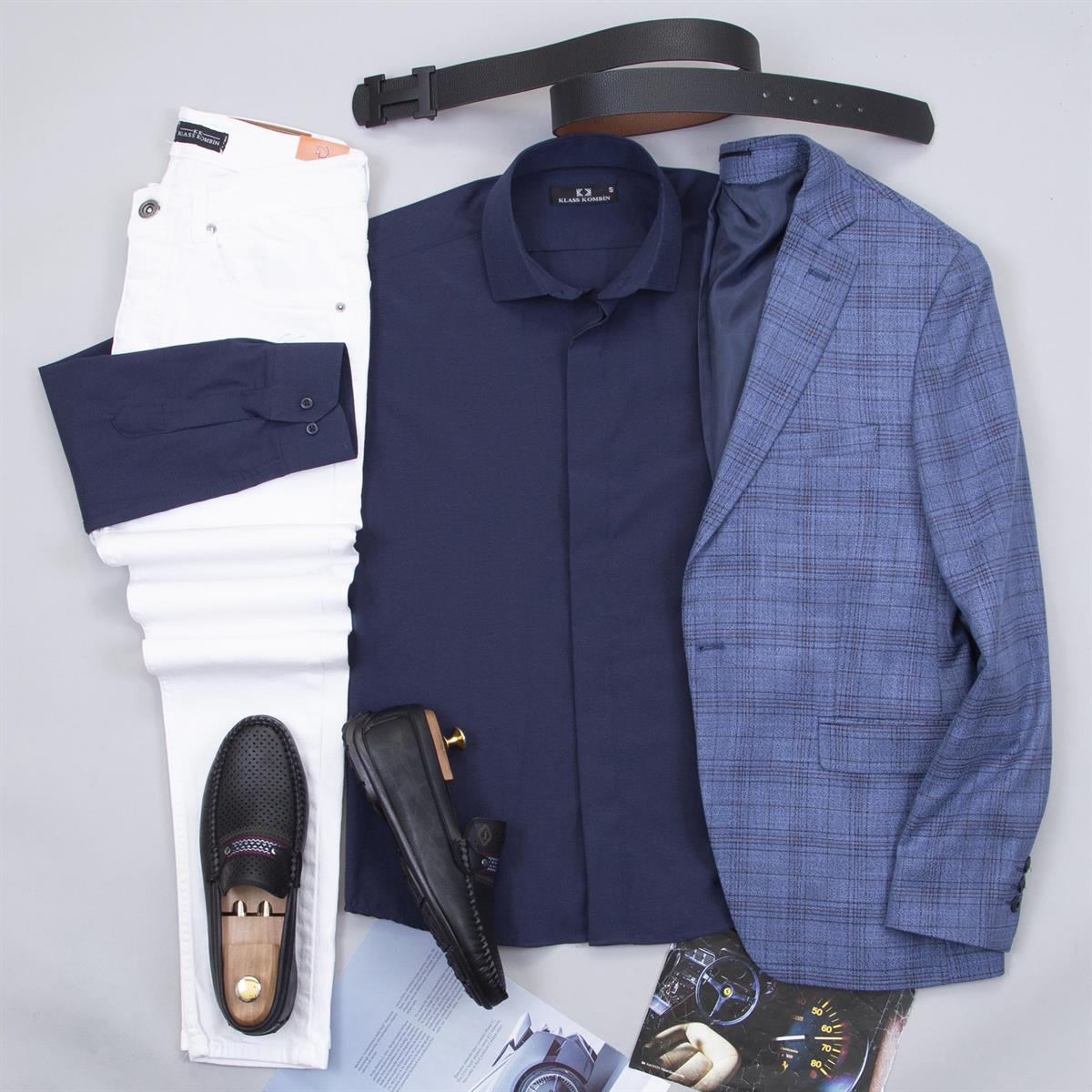 Mavi Ekoseli Blazer Ceket Gömlek Pantolon Ayakkabı Kombin