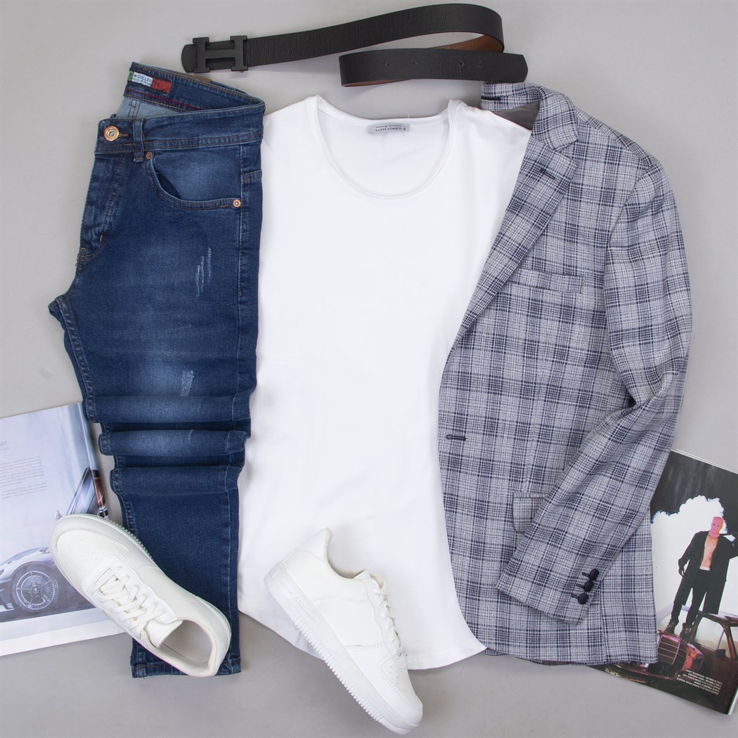 Mavi Ekoseli Blazer Ceket Tişört Pantolon Ayakkabı Kombin