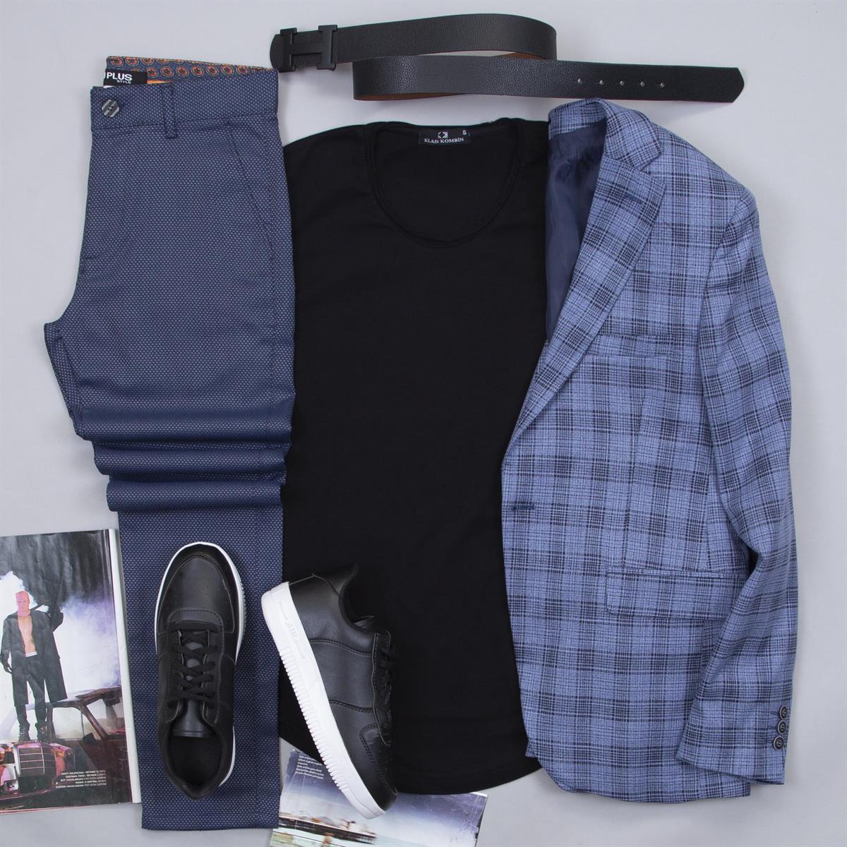 Mavi Ekoseli Blazer Ceket Tişört Pantolon Ayakkabı Kombin