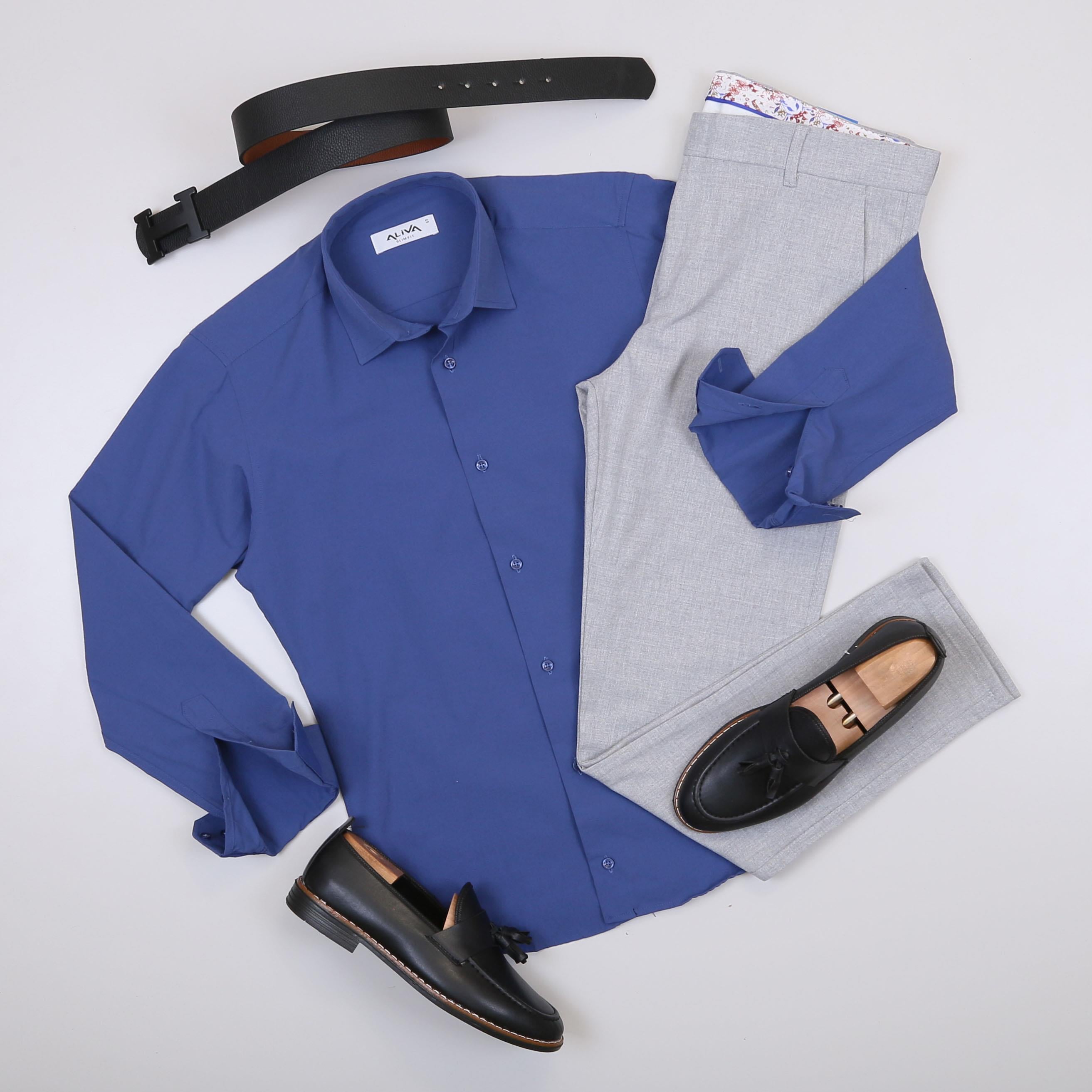 Mavi Gömlek Gri Pantolon Ayakkabı Kombin