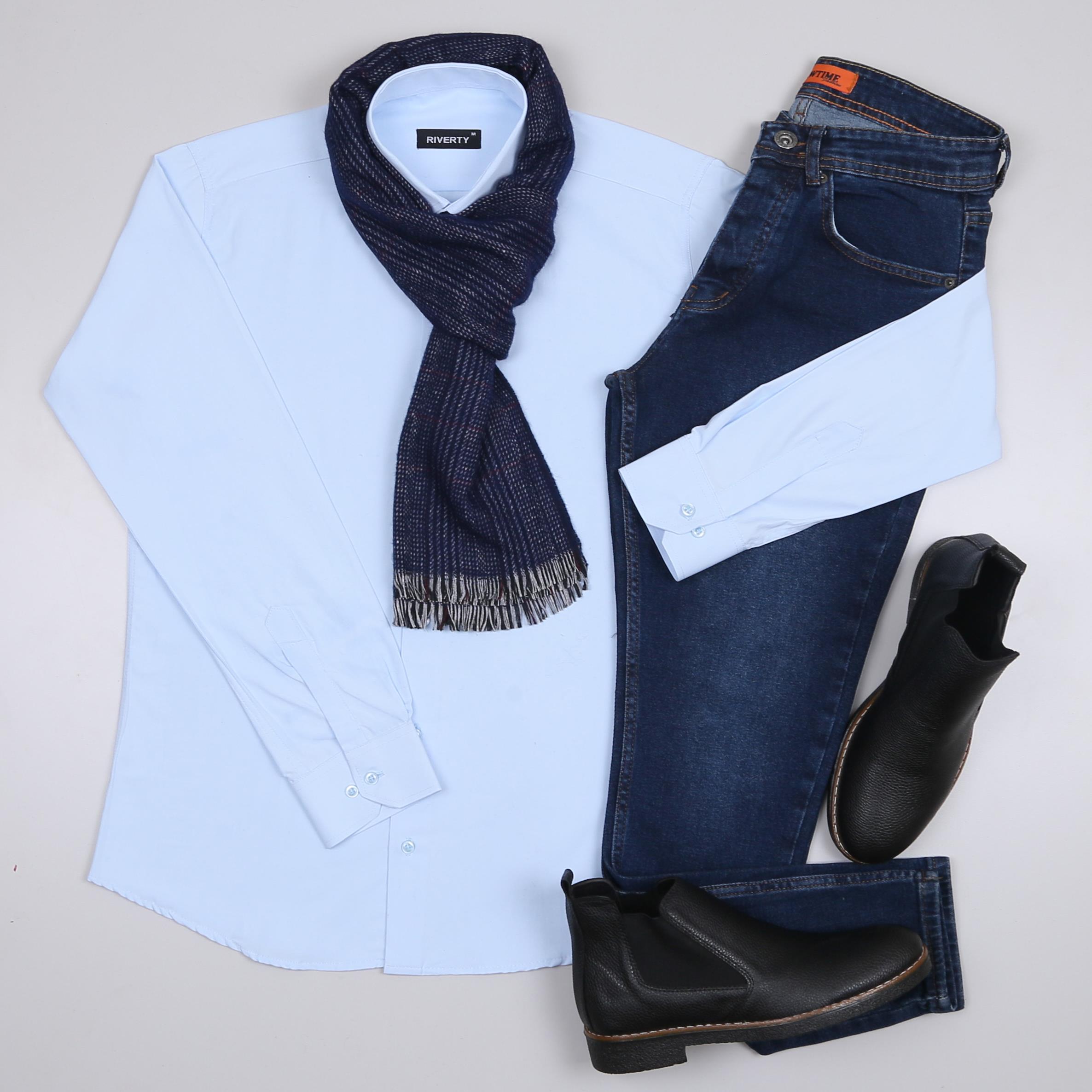 Mavi Gömlek Lacivert Kot Pantolon Atkı Ayakkabı  Kombin