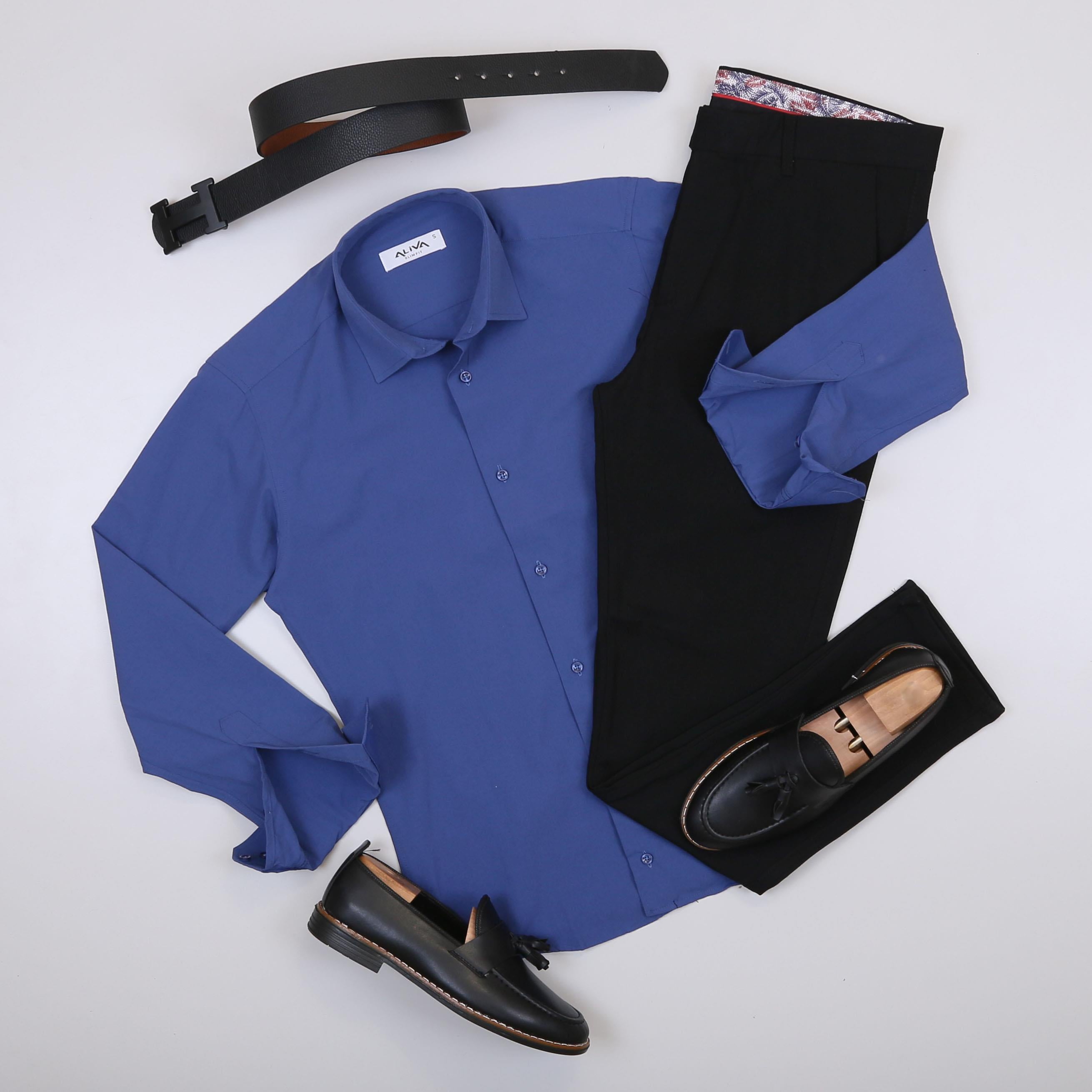 Mavi Gömlek Siyah Pantolon Ayakkabı Kombin