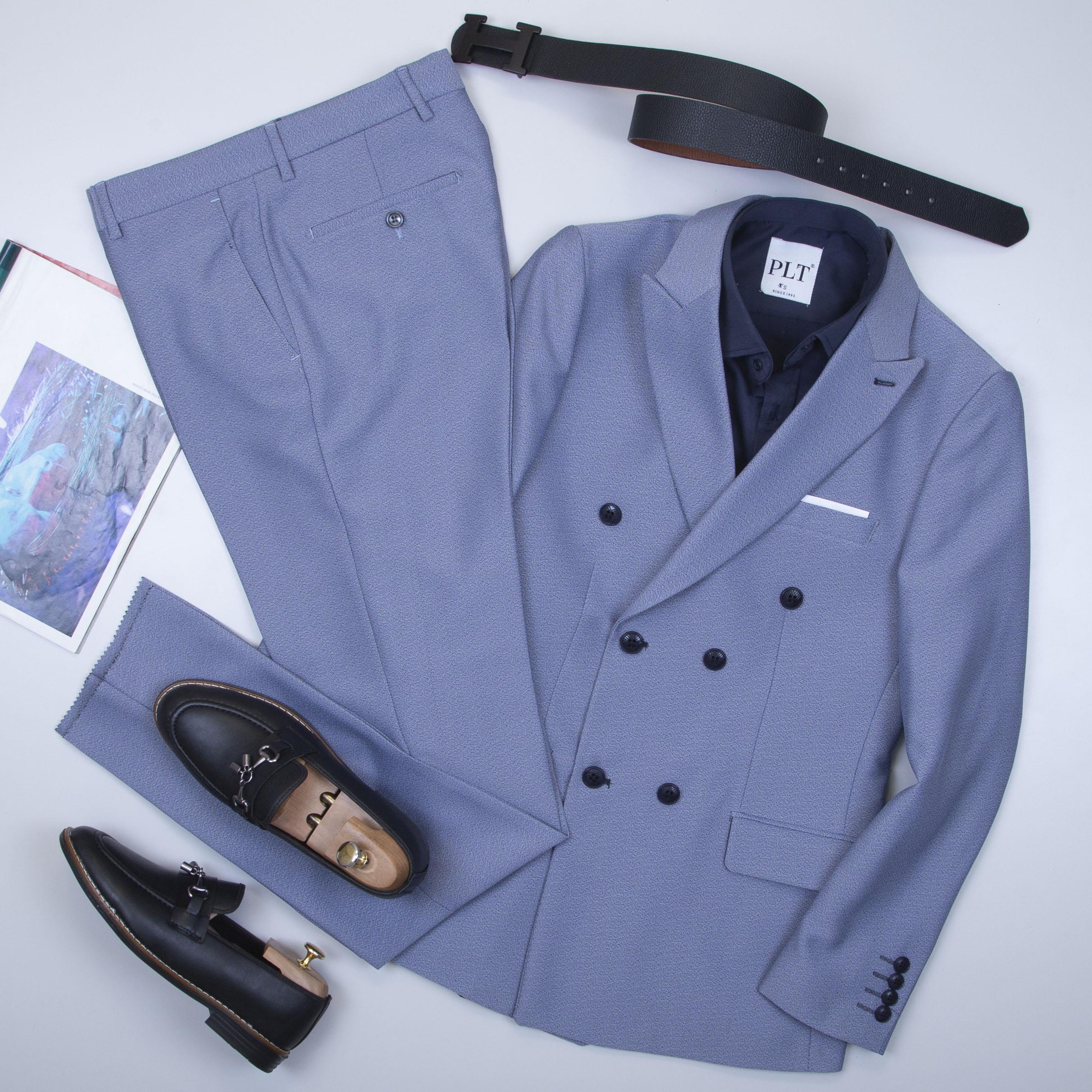 Mavi Kırçıllı Kruvaze Takım Elbise Kombini