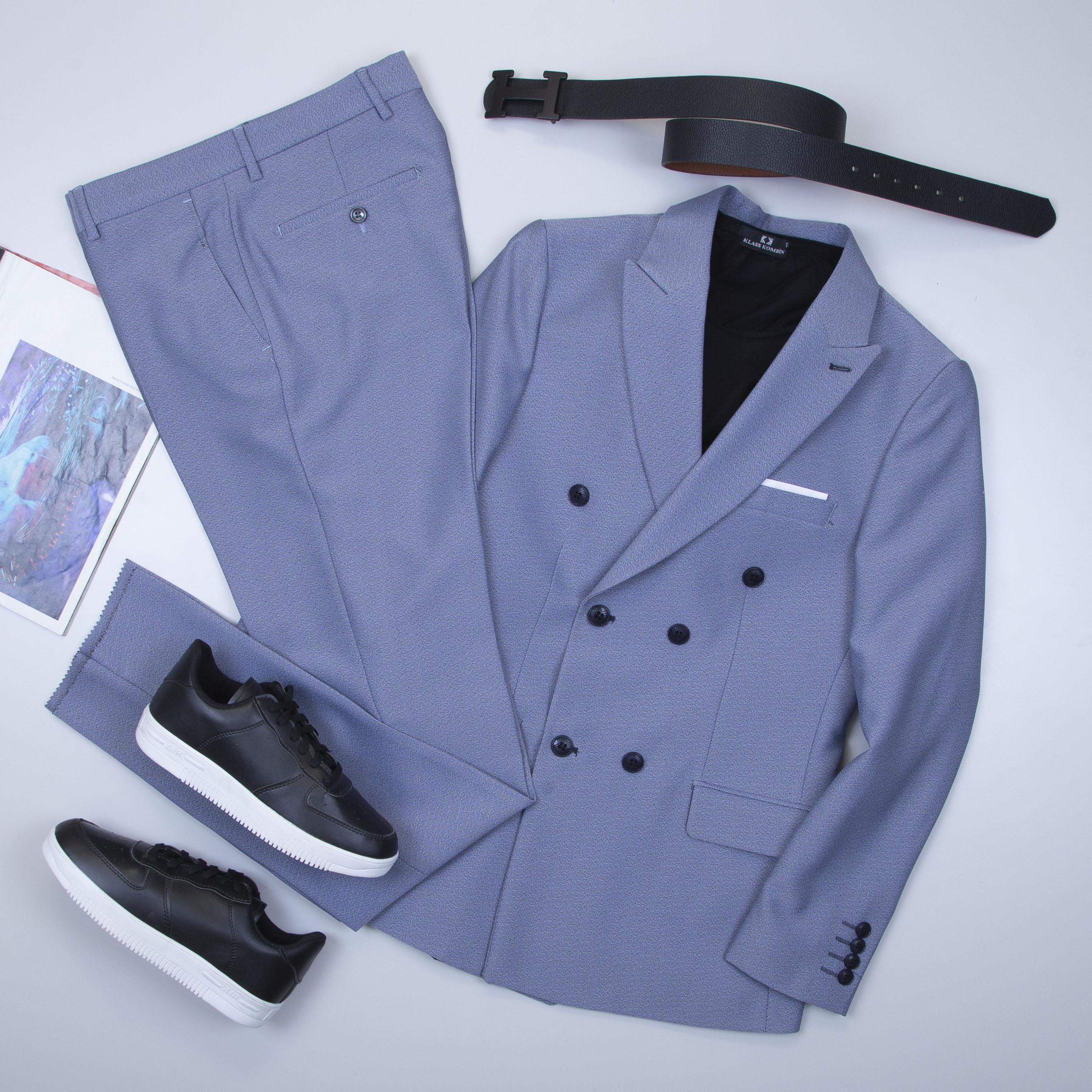 Mavi Kırçıllı Kruvaze Takım Elbise Kombini