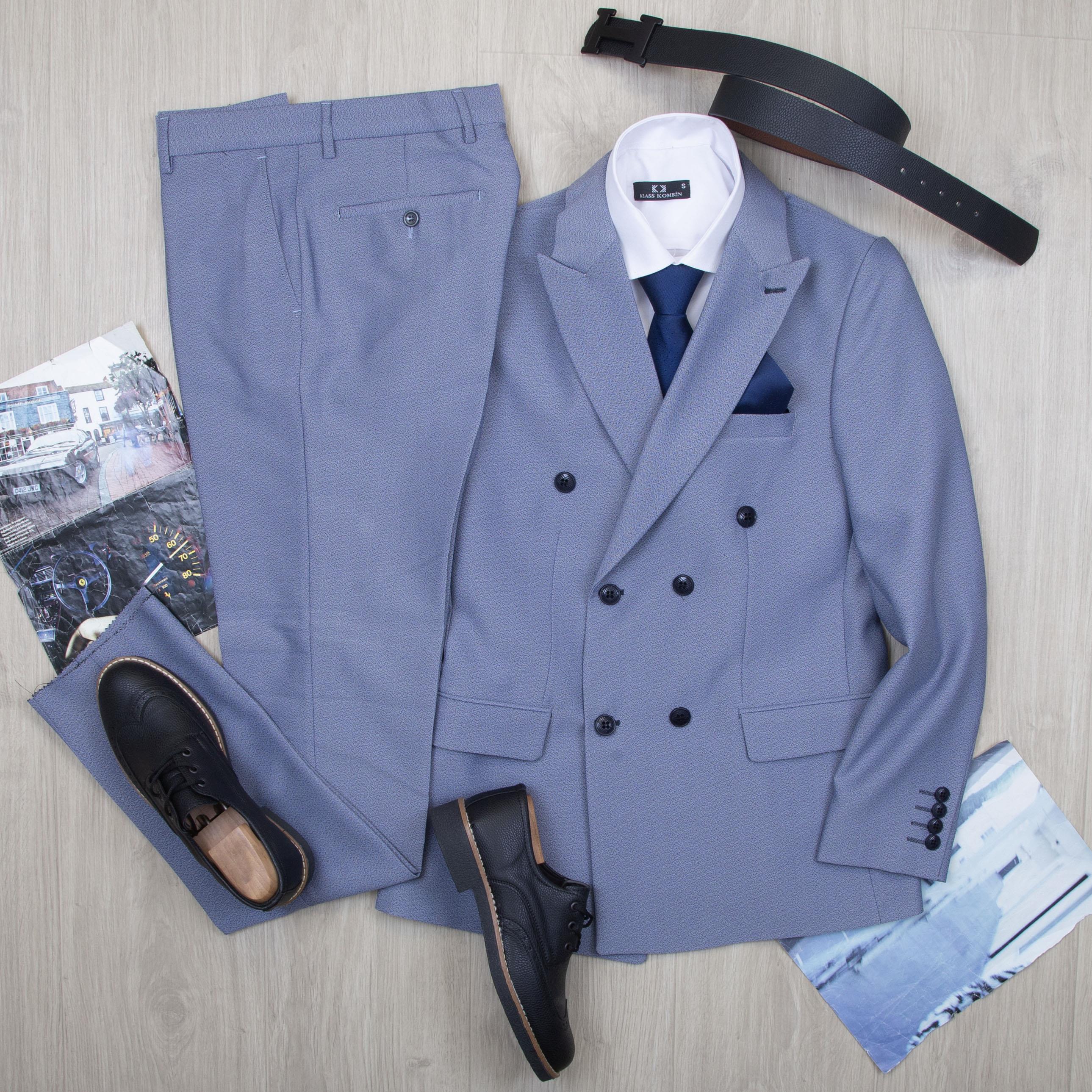 Mavi Kırçıllı Kruvaze Takım Elbise Kombini