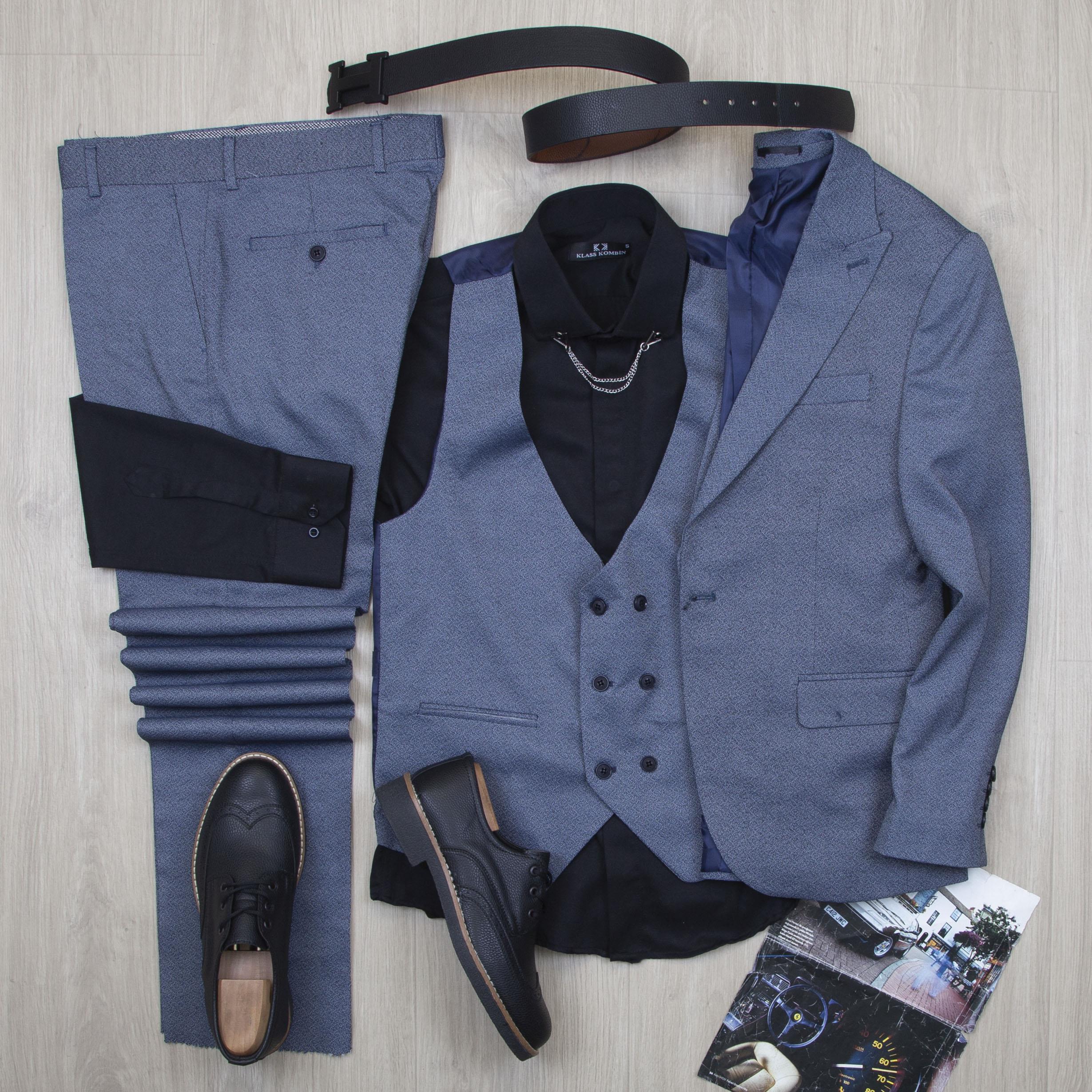 Mavi Kırçıllı Takım Elbise Kombini