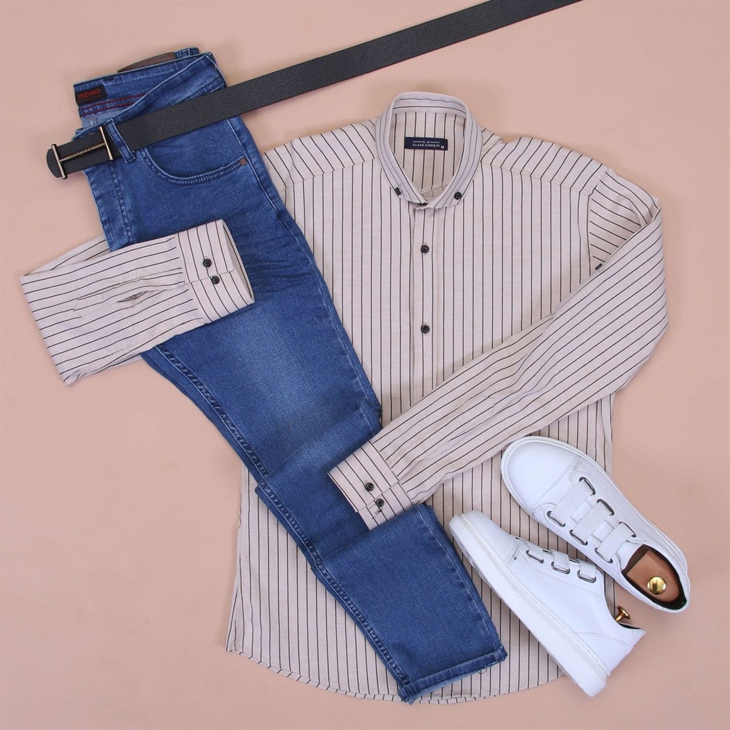 Mavi Kot Ekose Gömlek Ayakkabı Kombini