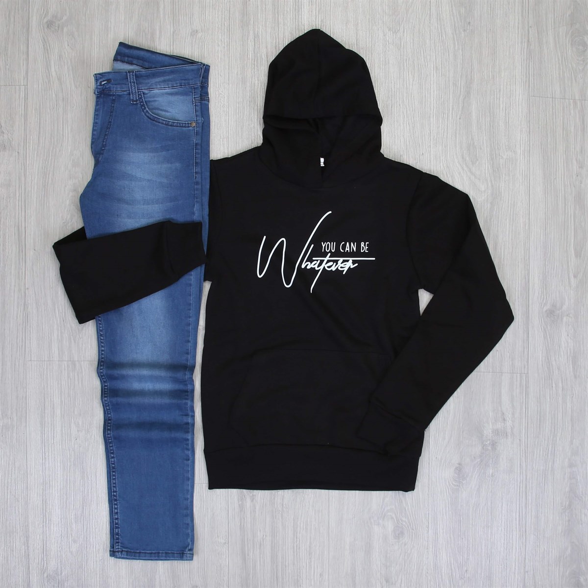 Mavi Kot Siyah Baskılı Sweat Kombin