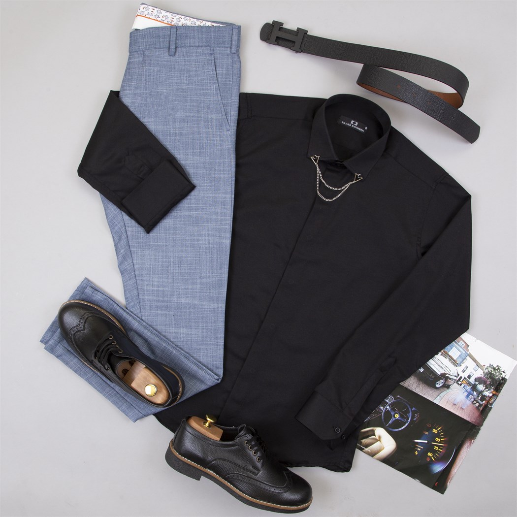 Mavi Kumaş Pantolon Gömlek Ayakkabı Kombin