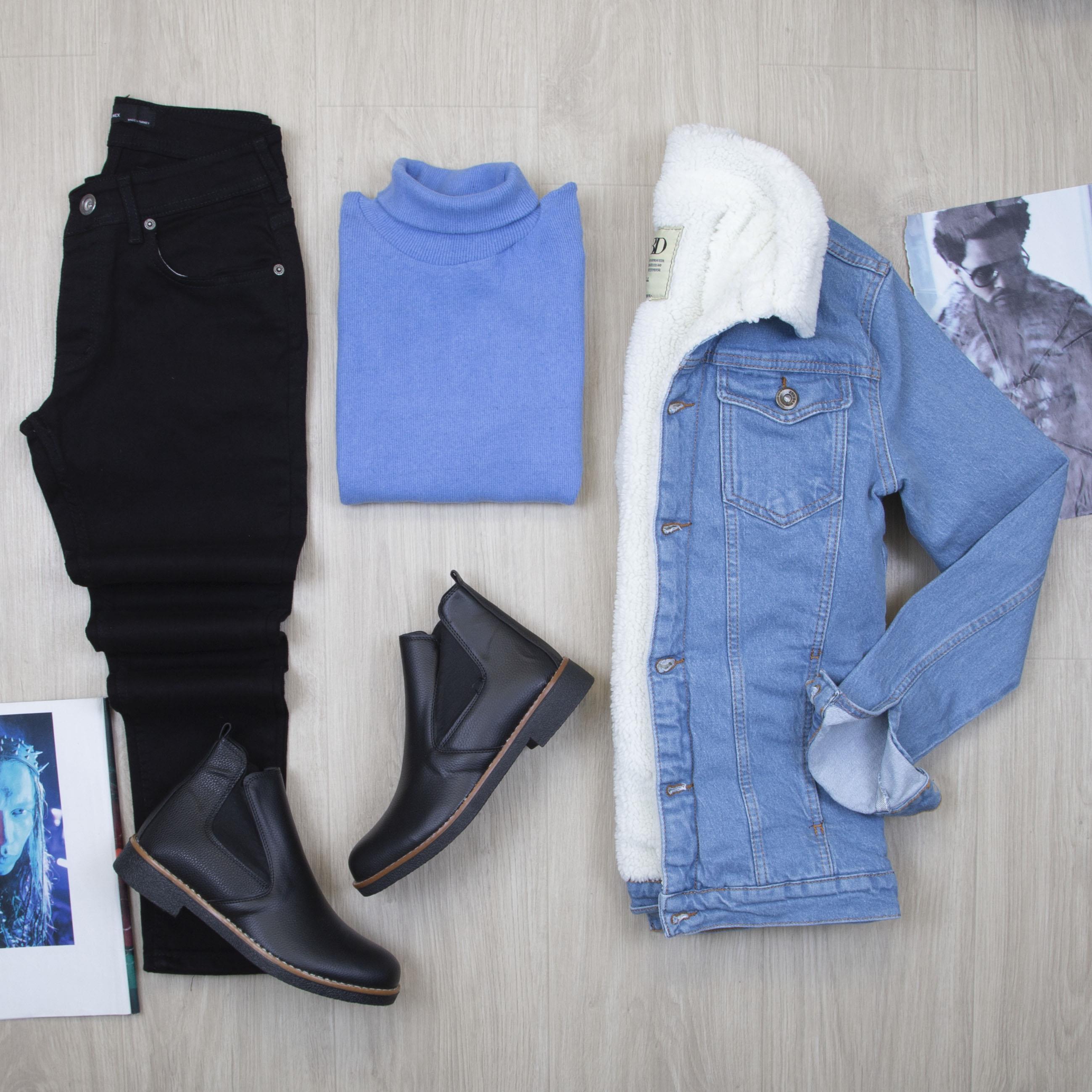 Mavi Kürklü Kot Ceket Boğazlı Body Pantolon Bot Kombin