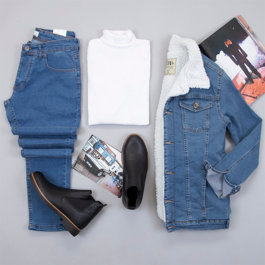 Mavi Kürklü Kot Ceket Tişört Pantolon Ayakkabı Kombin