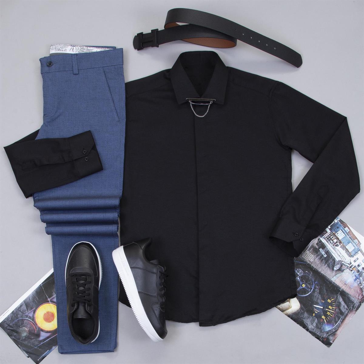 Mavi Pantolon Siyah Gömlek Ayakkabı Kombin