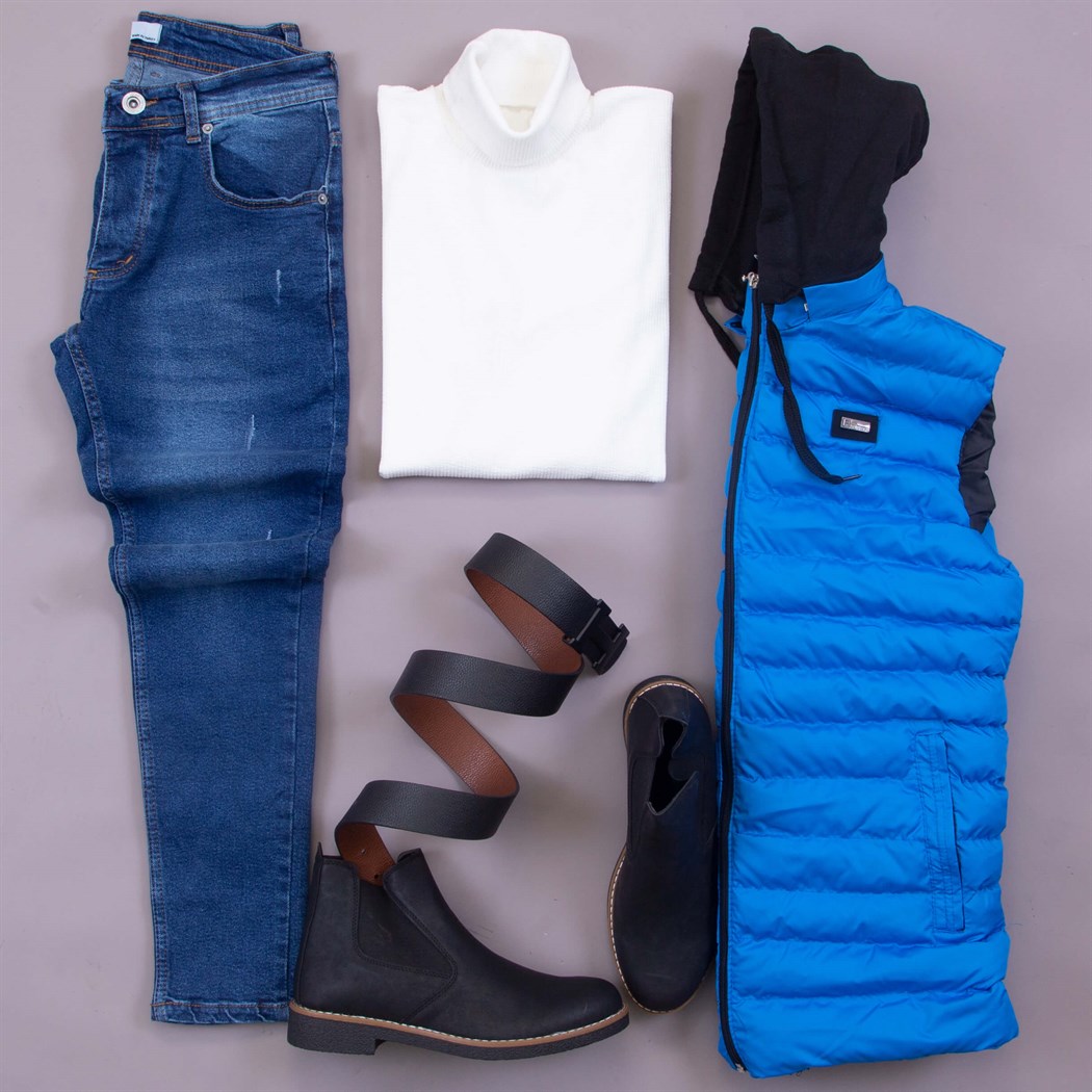 Mavi Şişme Yelek Kazak Pantolon Bot Kombin