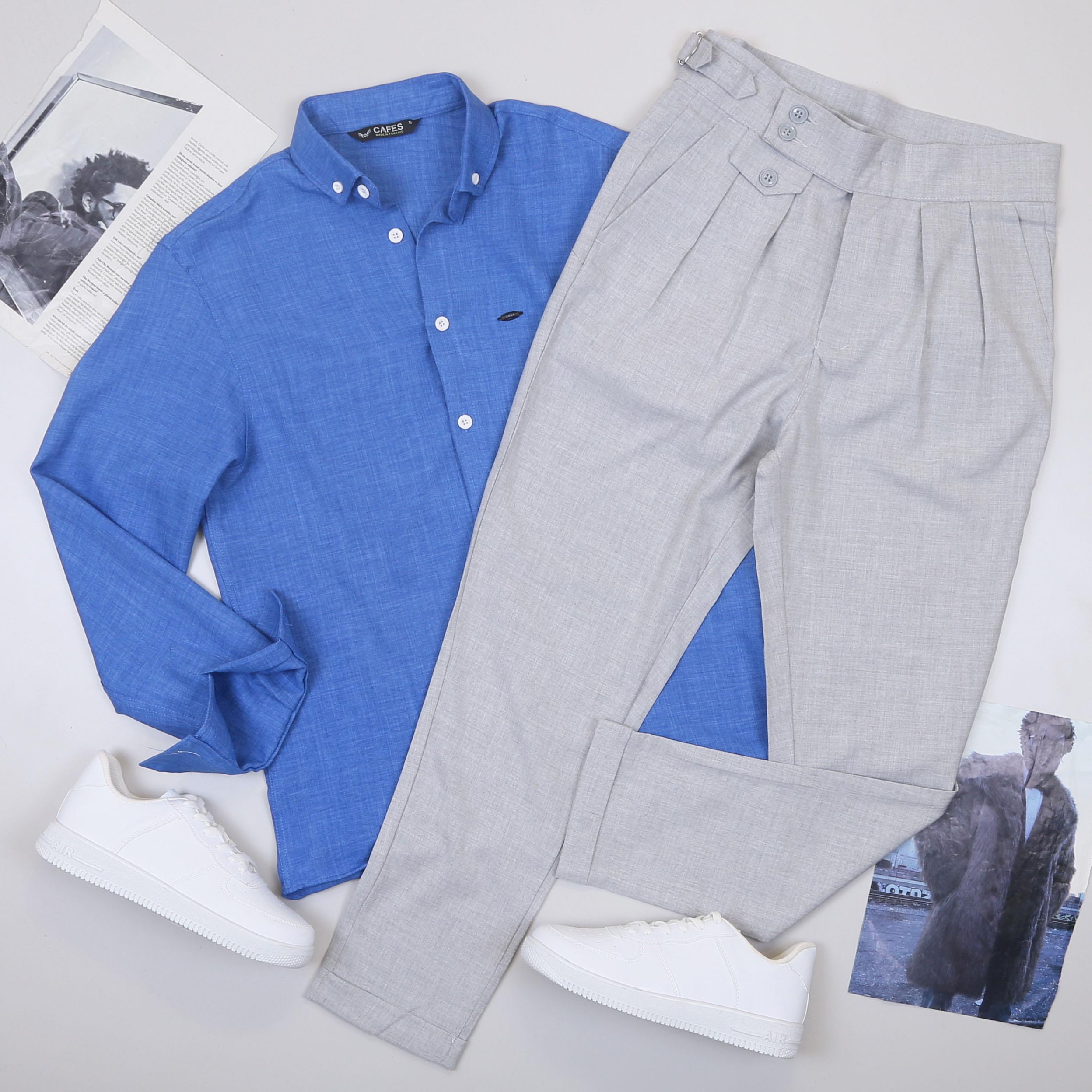 Mavi Spor Gömlek Pileli Pantolon Ayakkabı Kombin