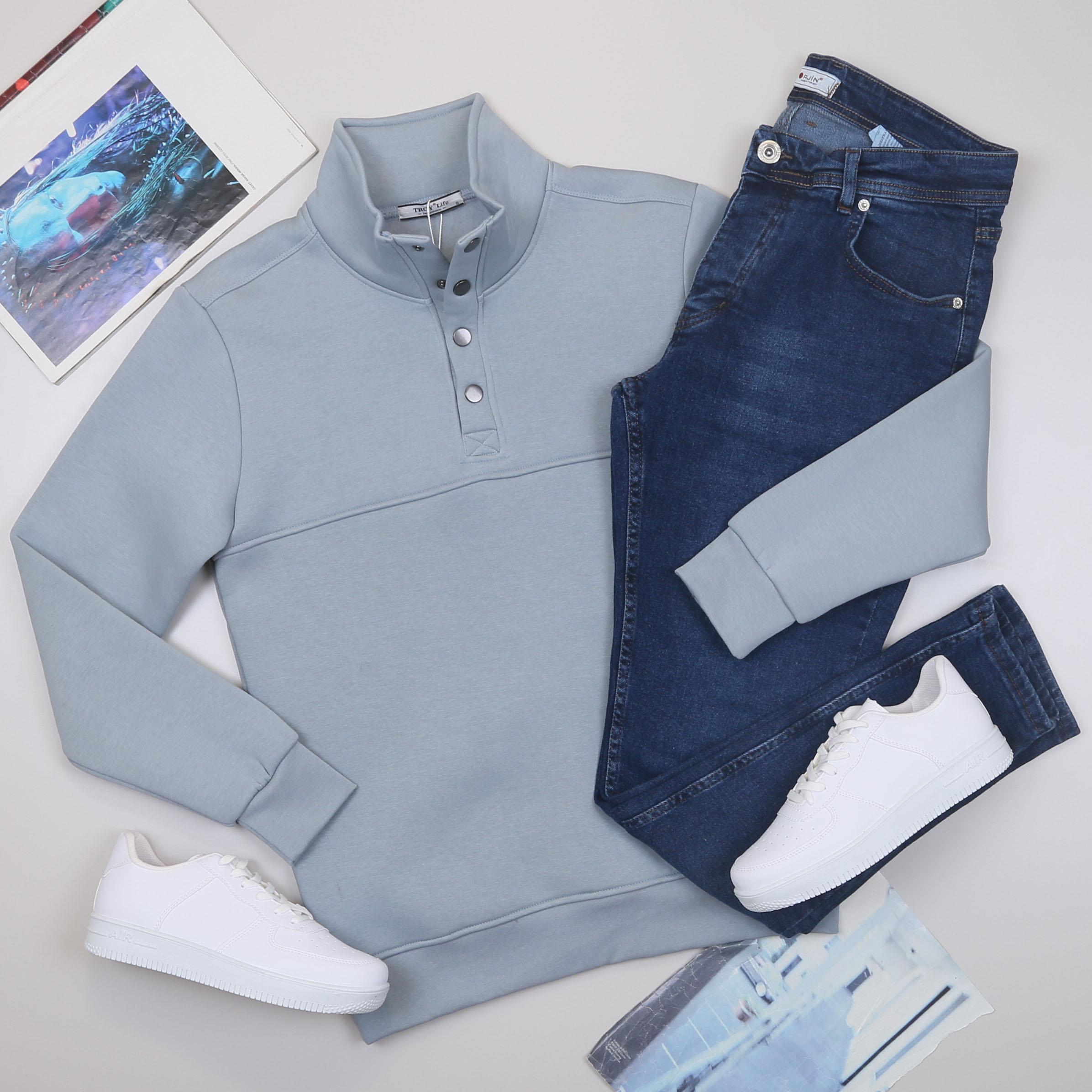 Mavi Sweat Pantolon Ayakkabı Kombin