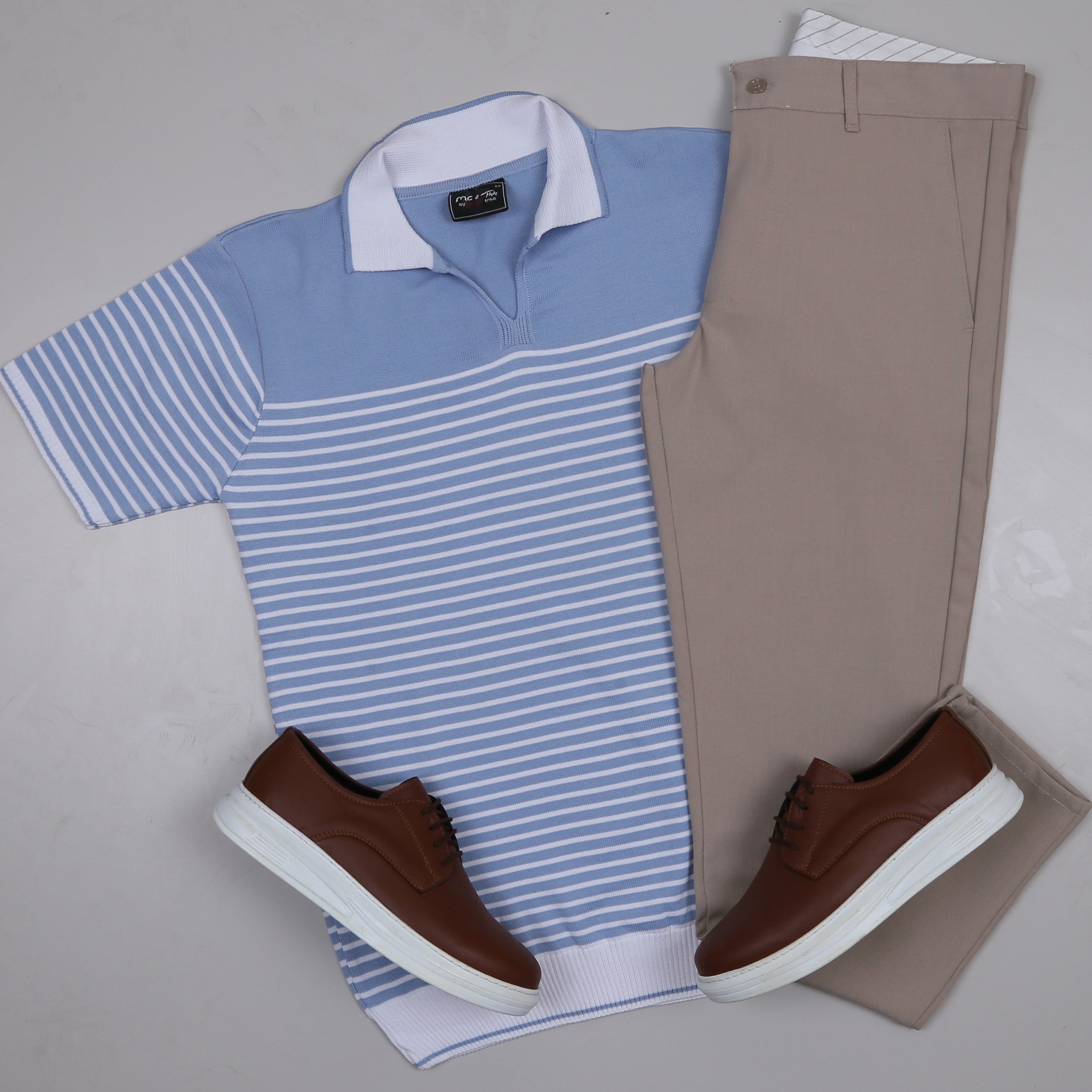 Mavi Triko Polo Yaka Tişört   Kumaş  Pantolon Ayakkabı Kombin