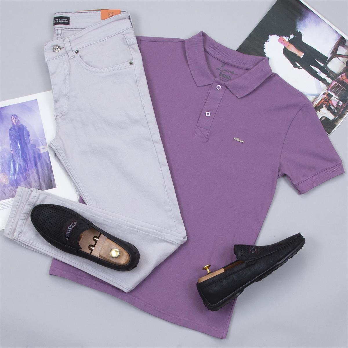 Mor Polo Yaka Tişört Pantolon Ayakkabı Kombin