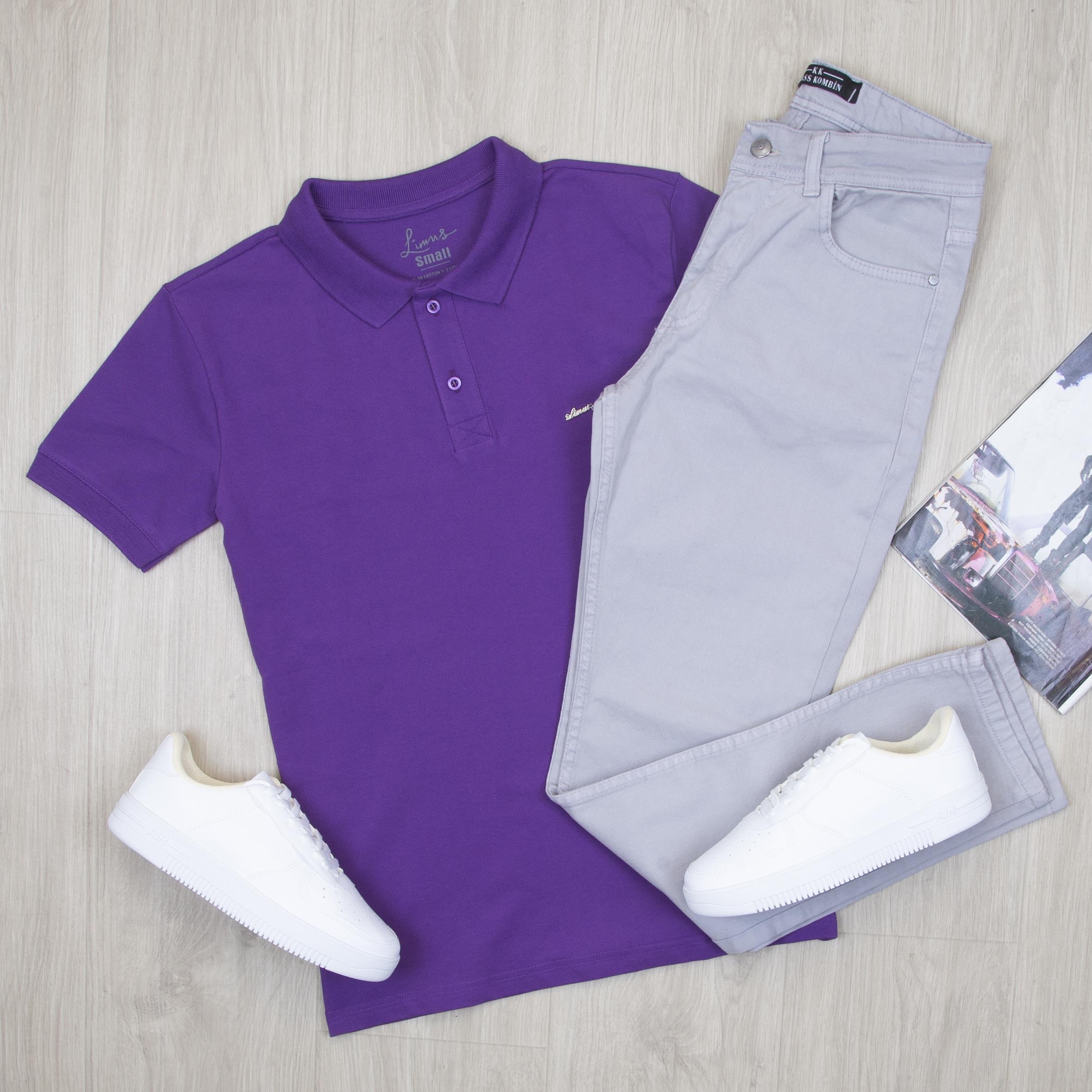 Mor Polo Yaka Tişört Pantolon Ayakkabı Kombin