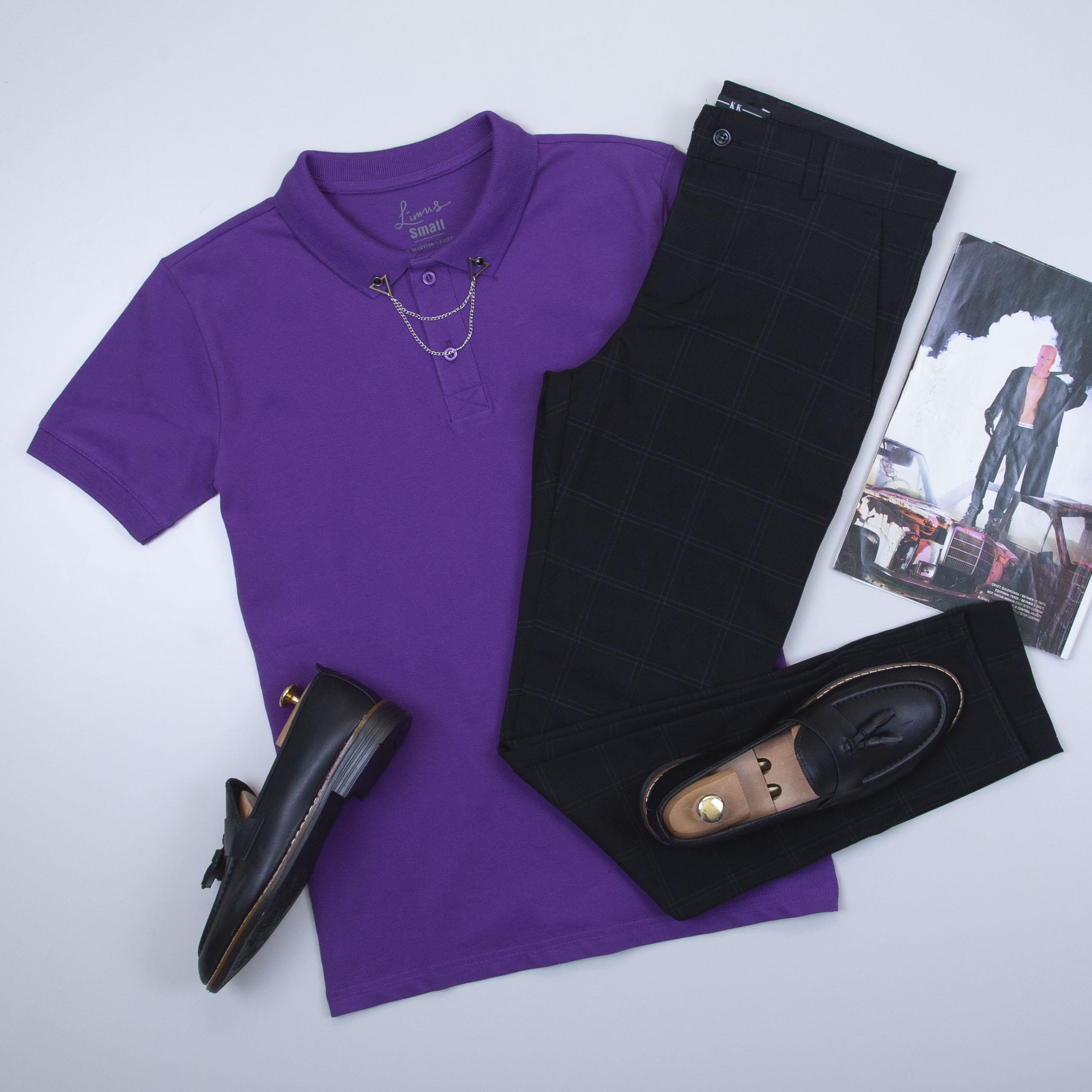 Mor Polo Yaka Tişört Pantolon Ayakkabı Kombin