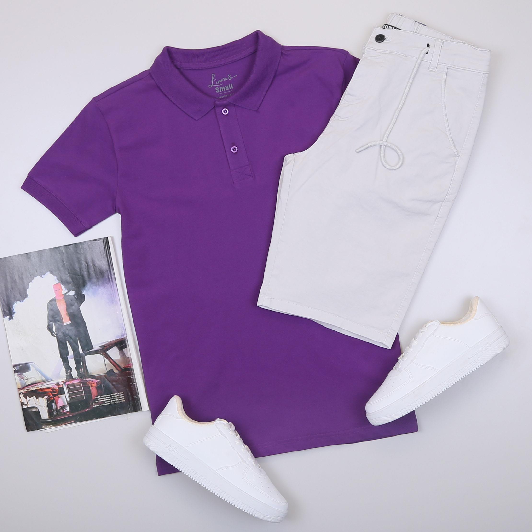 Mor Polo Yaka Tişört Şort Ayakkabı Kombin