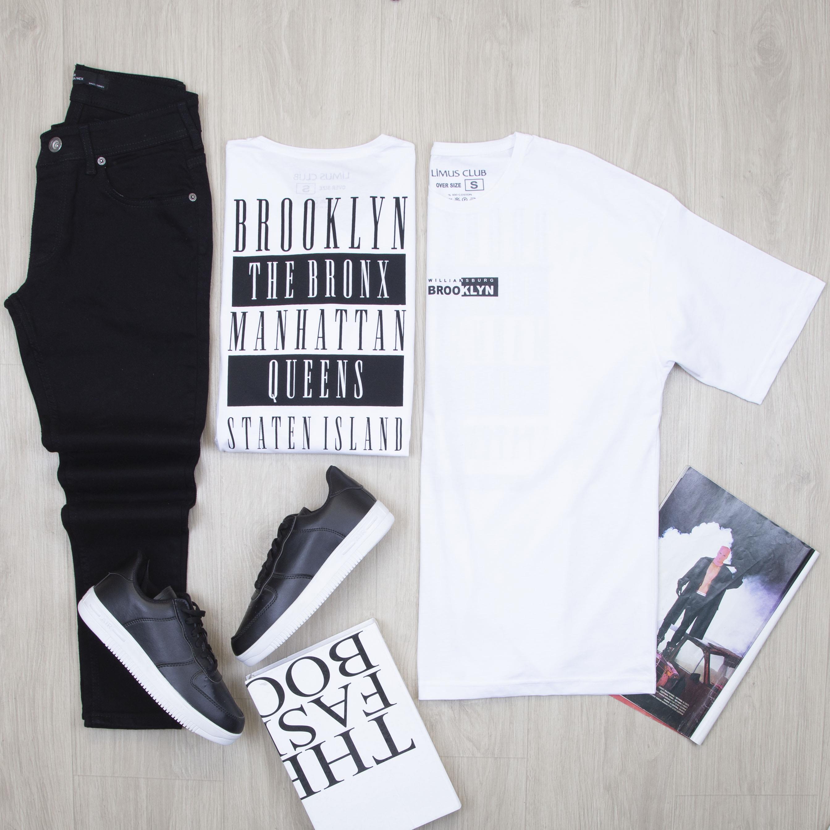 Ön ve Arka Baskılı Beyaz Oversize Tişört Pantolon Ayakkabı Kombin