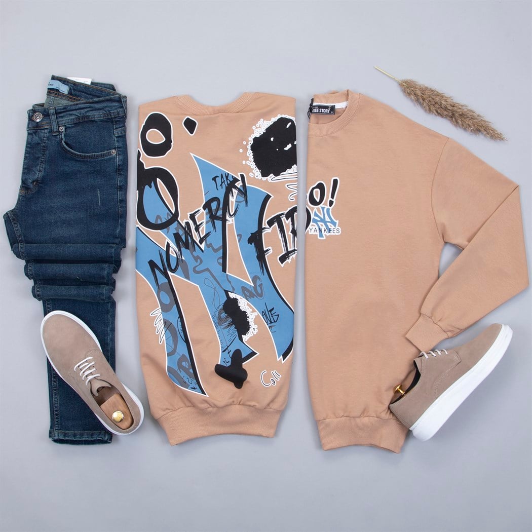 Ön ve Arka Baskılı Pudra Sweat Pantolon Ayakkabı Kombin