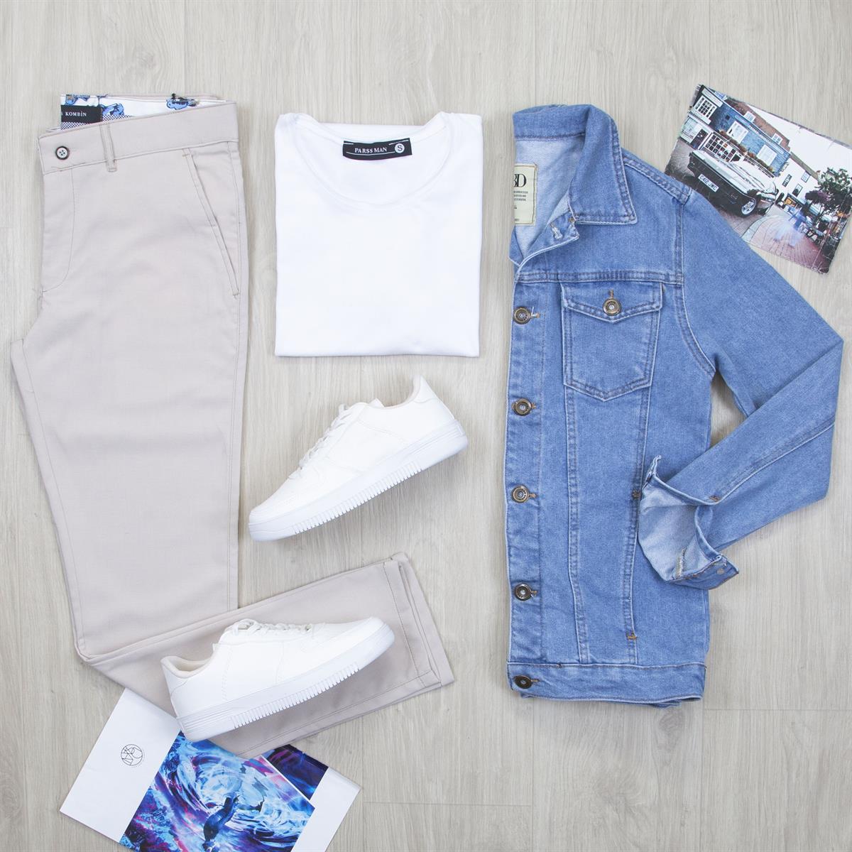 Orta Mavi Kot Ceket Tişört Pantolon Ayakkabı Kombin